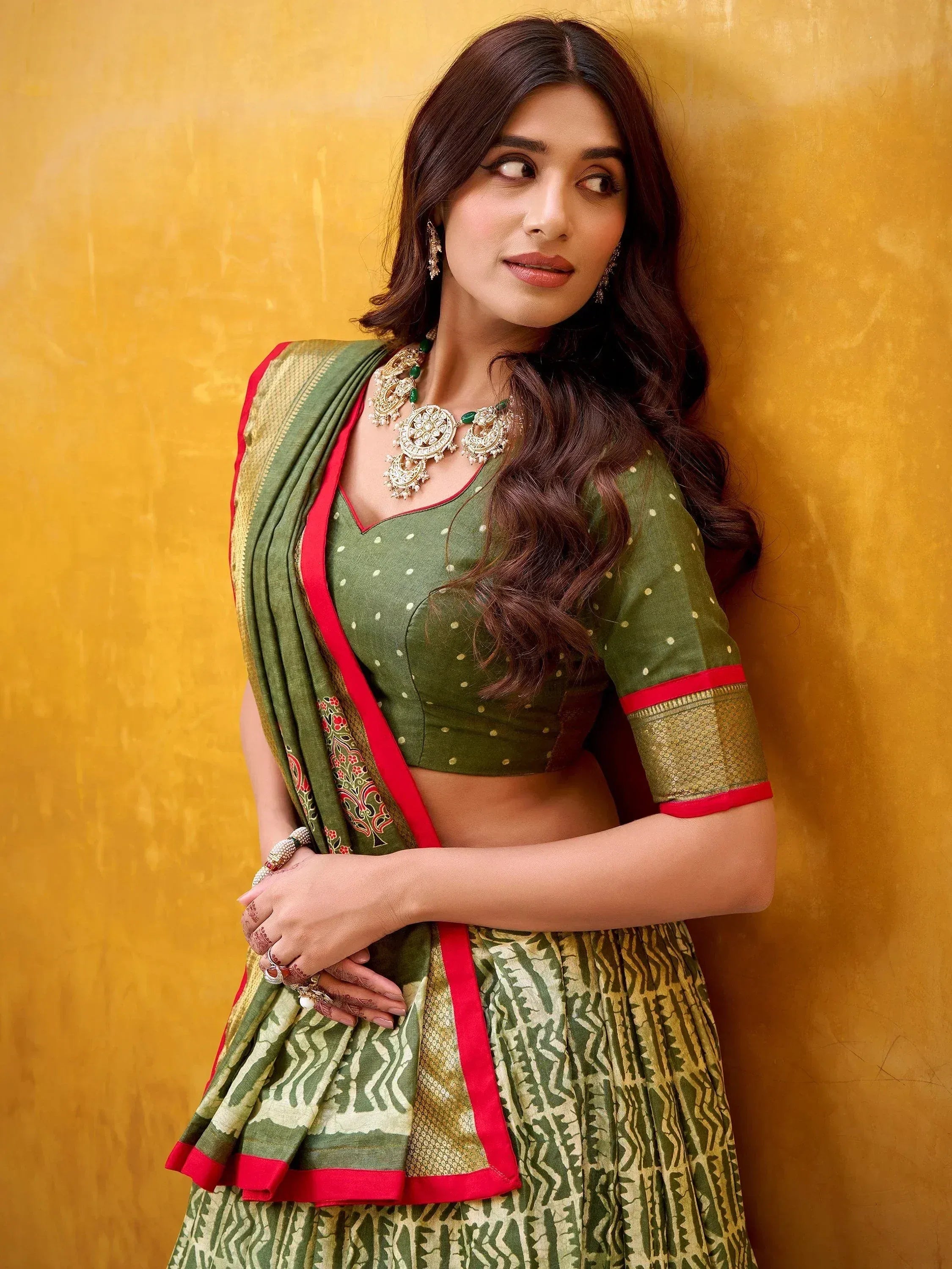 Precious Green Printed Dola Silk Festive Wear Lehenga Choli