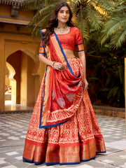 Enchanting Orange Printed Dola Silk Function Wear Lehenga Choli