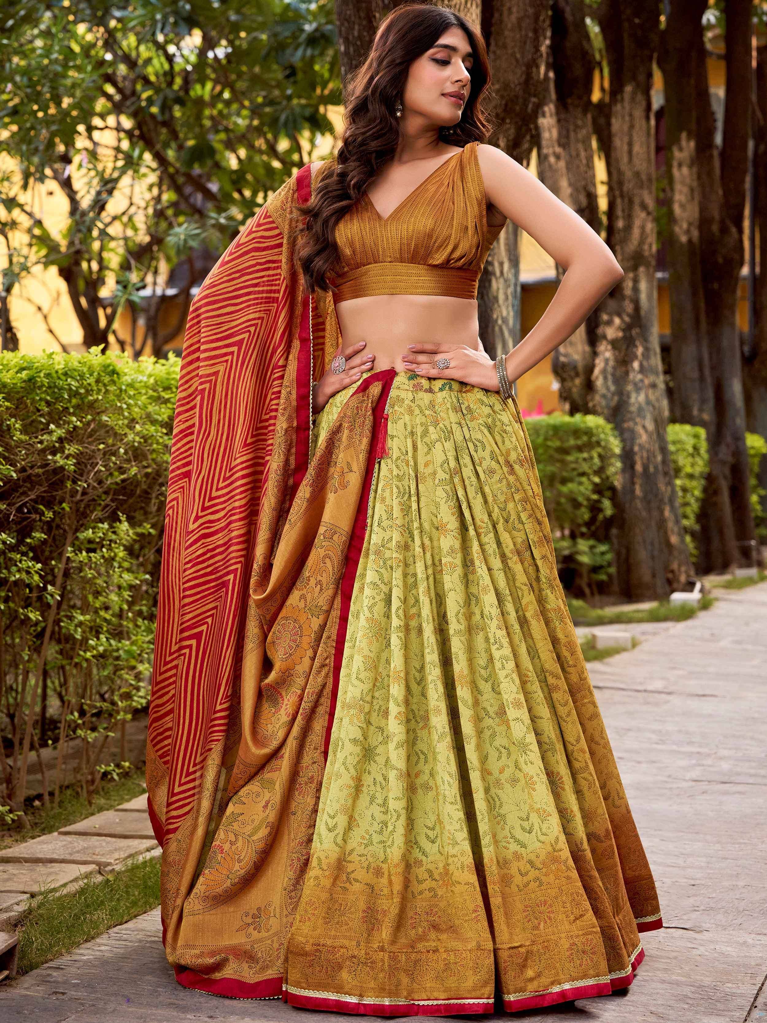 Awesome Green Digital Printed Silk Festival Wear Lehenga Choli