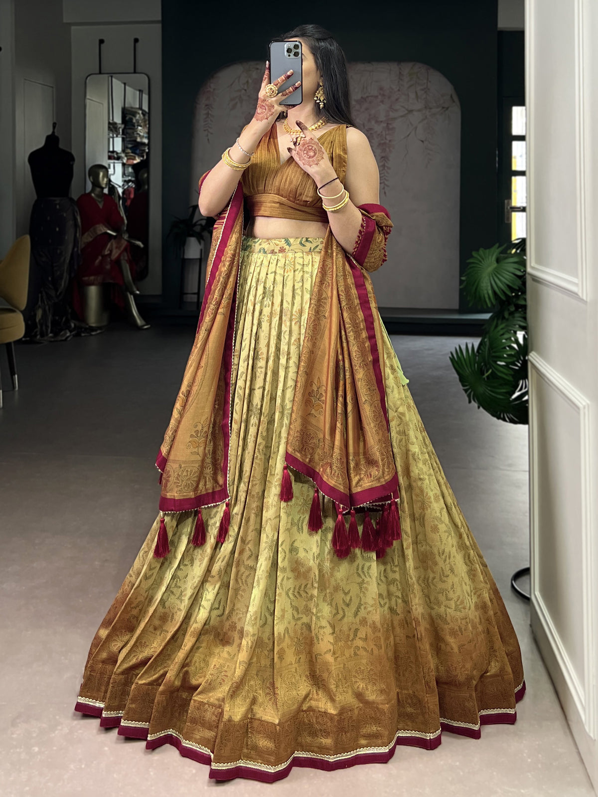 Awesome Golden Printed Silk Event Wear Lehenga Choli With Dupatta