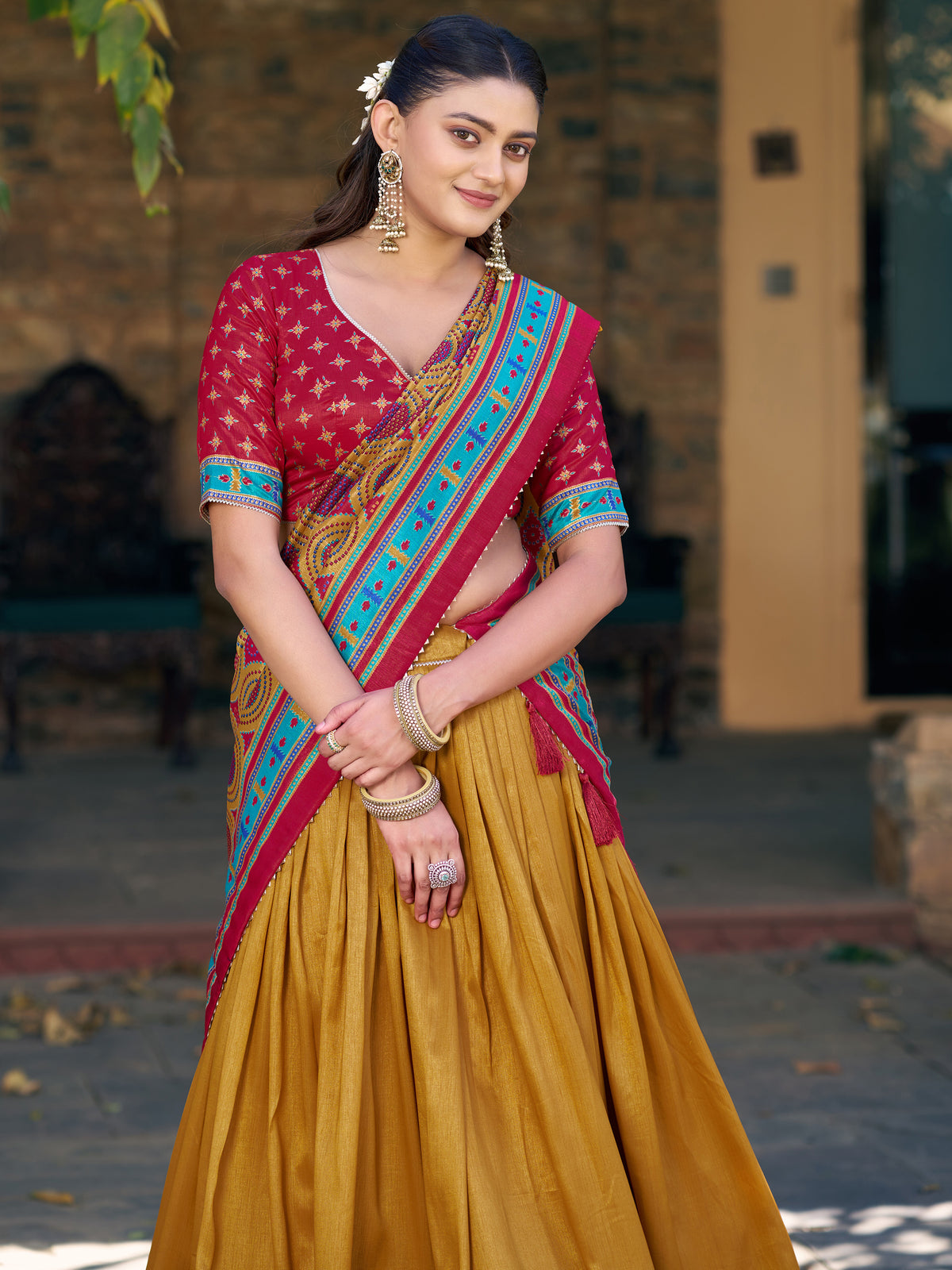 Chic Mustard Yellow Printed Silk Haldi Wear Lehenga Choli With Dupatta