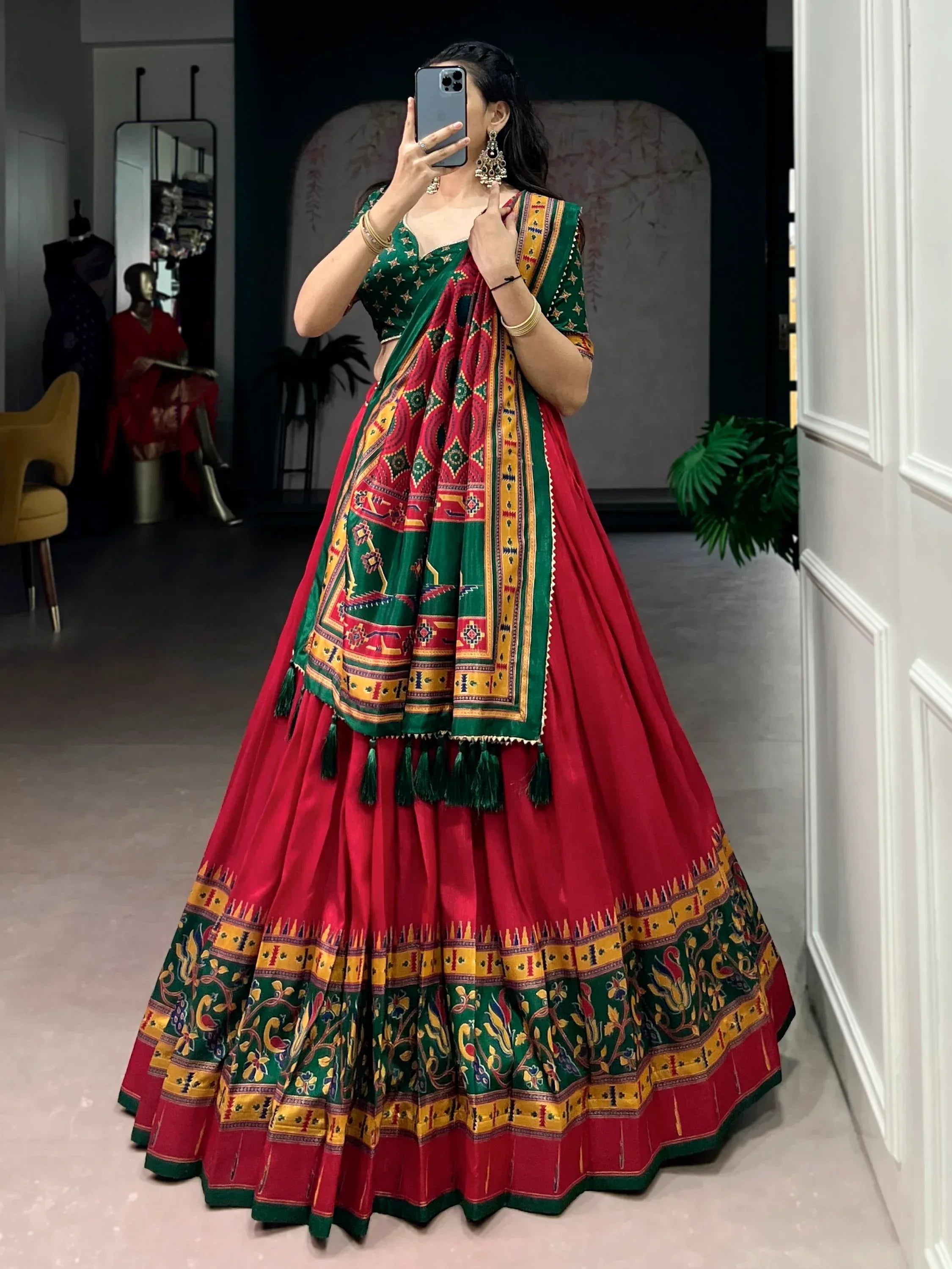 Spectacular Red Digital Printed Silk Engagement Wear Lehenga With Blouse
