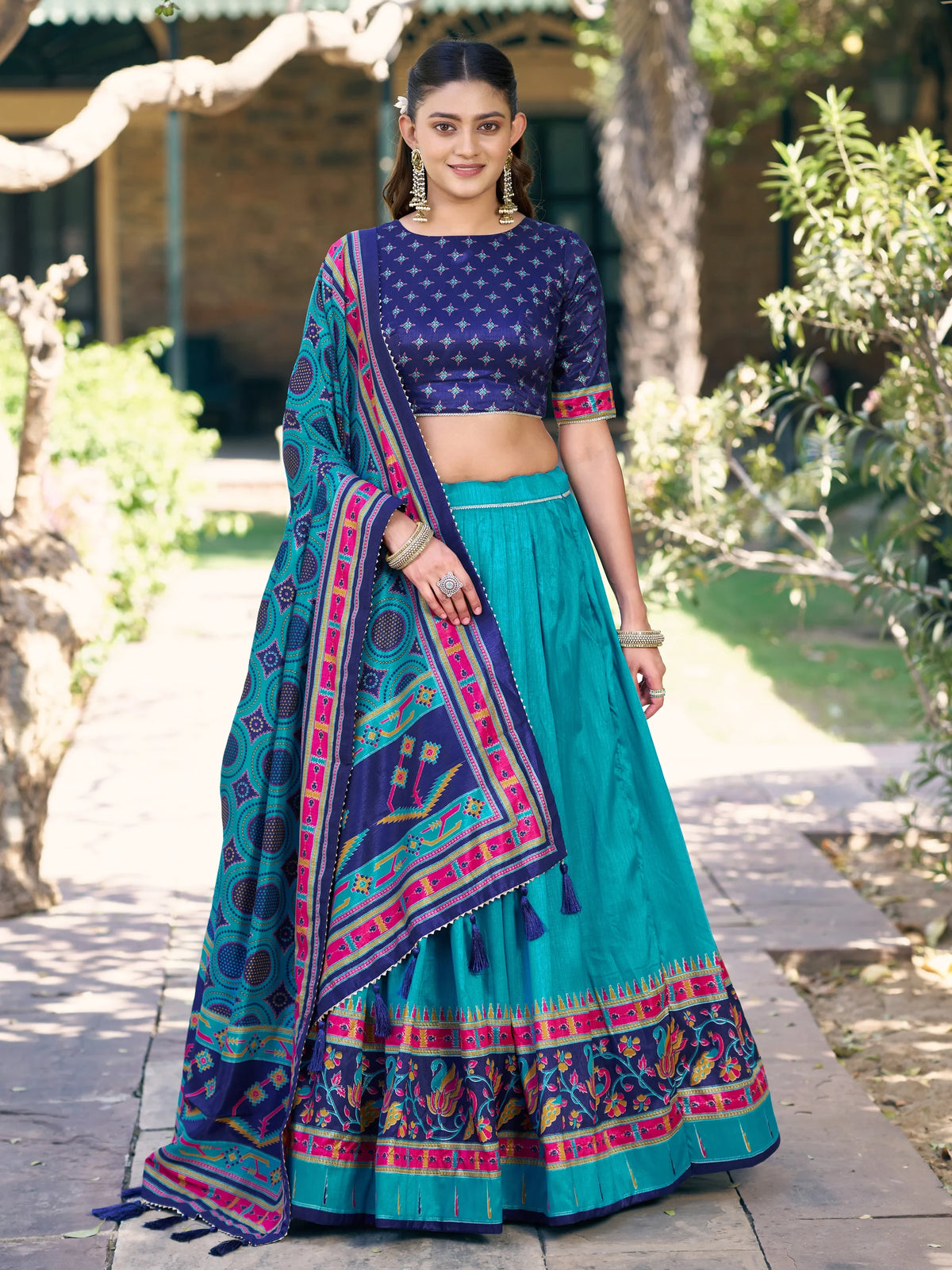 Graceful Sky Blue Printed Silk Marriage Wear Lehenga Choli With Dupatta