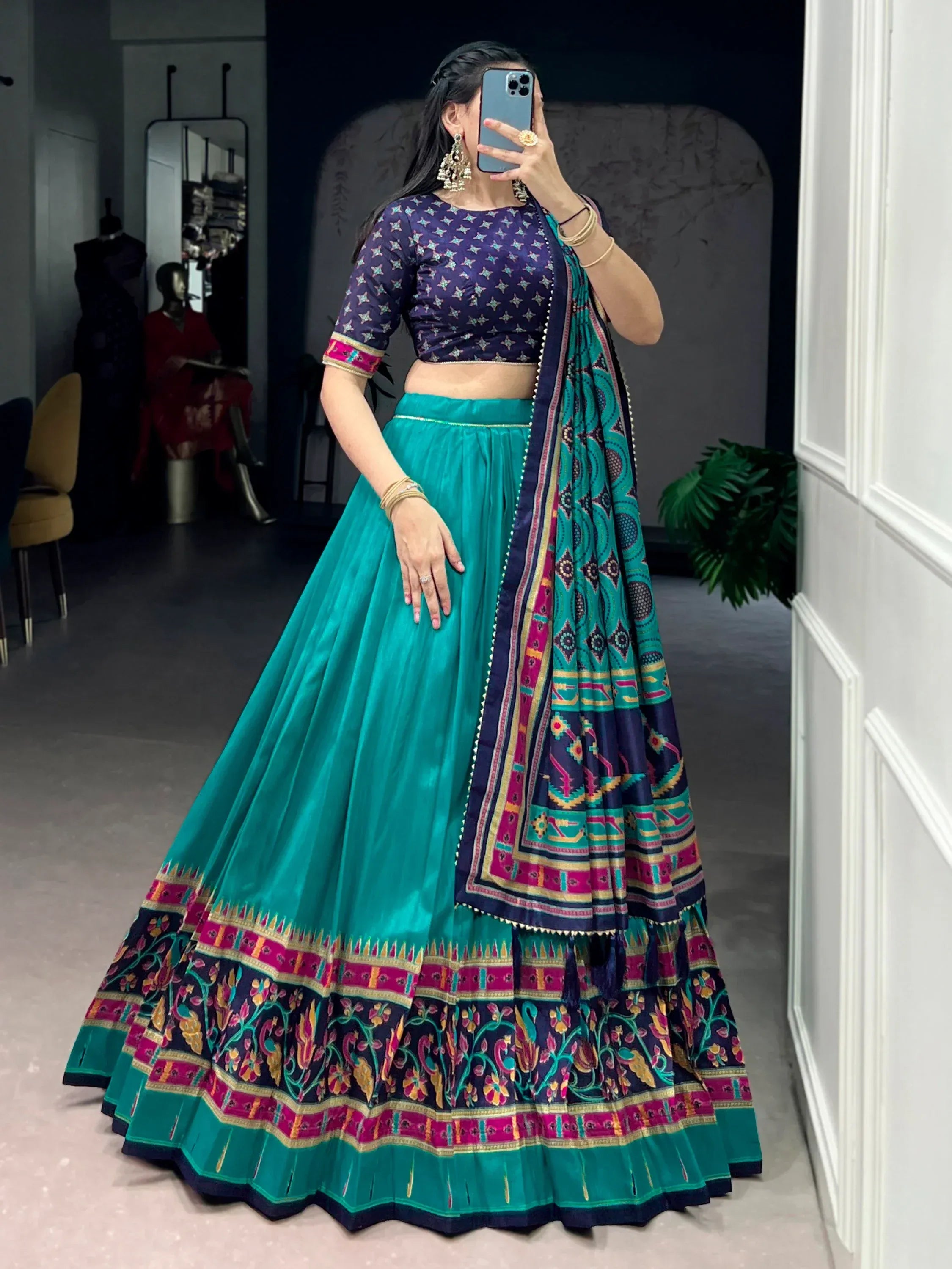 Majestic Teal Green Printed Tussar Silk Event Wear Lehenga Choli