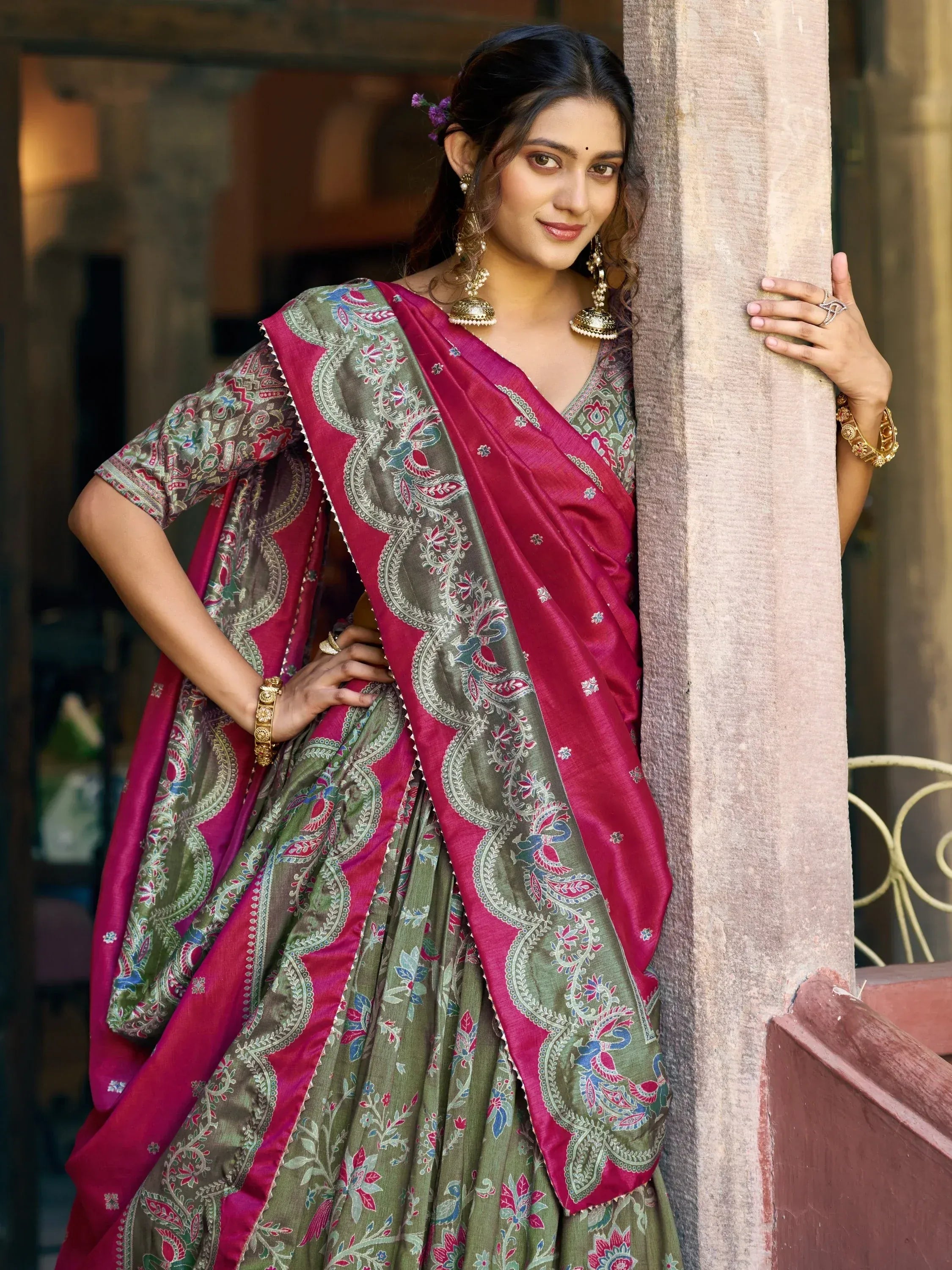 Glorious Bottle Green Printed Tussar Silk Mehendi Wear Lehenga Choli