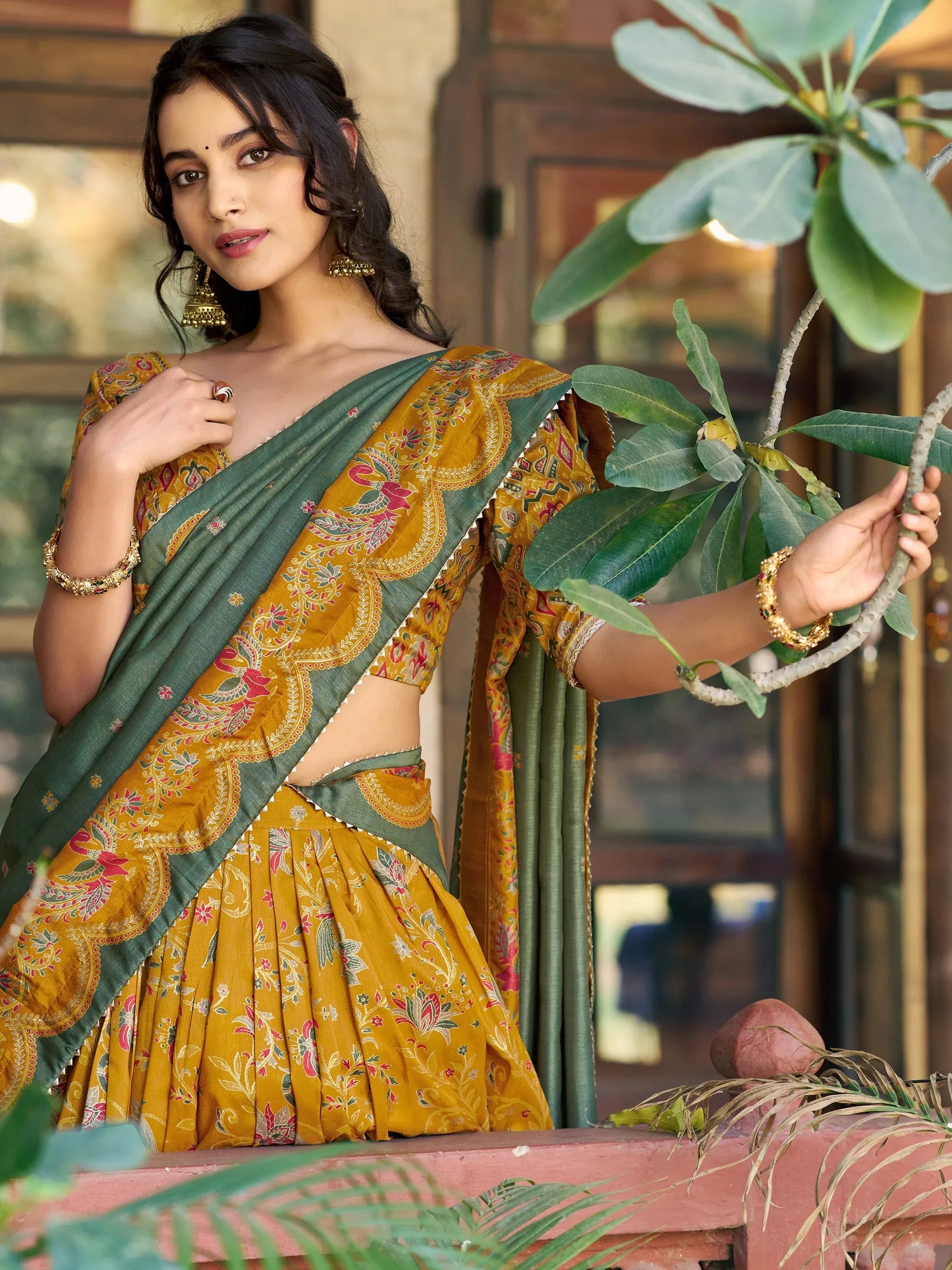 Gorgeous Mustard Yellow Foil Printed Tussar Silk Haldi Wear Lehenga Choli