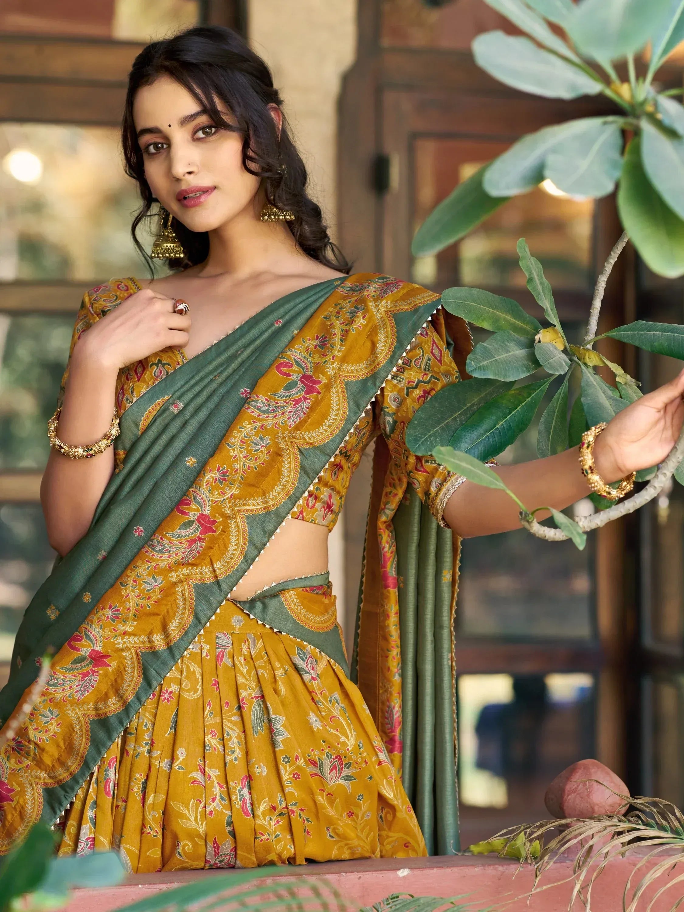 Gorgeous Mustard Yellow Foil Printed Tussar Silk Haldi Wear Lehenga Choli