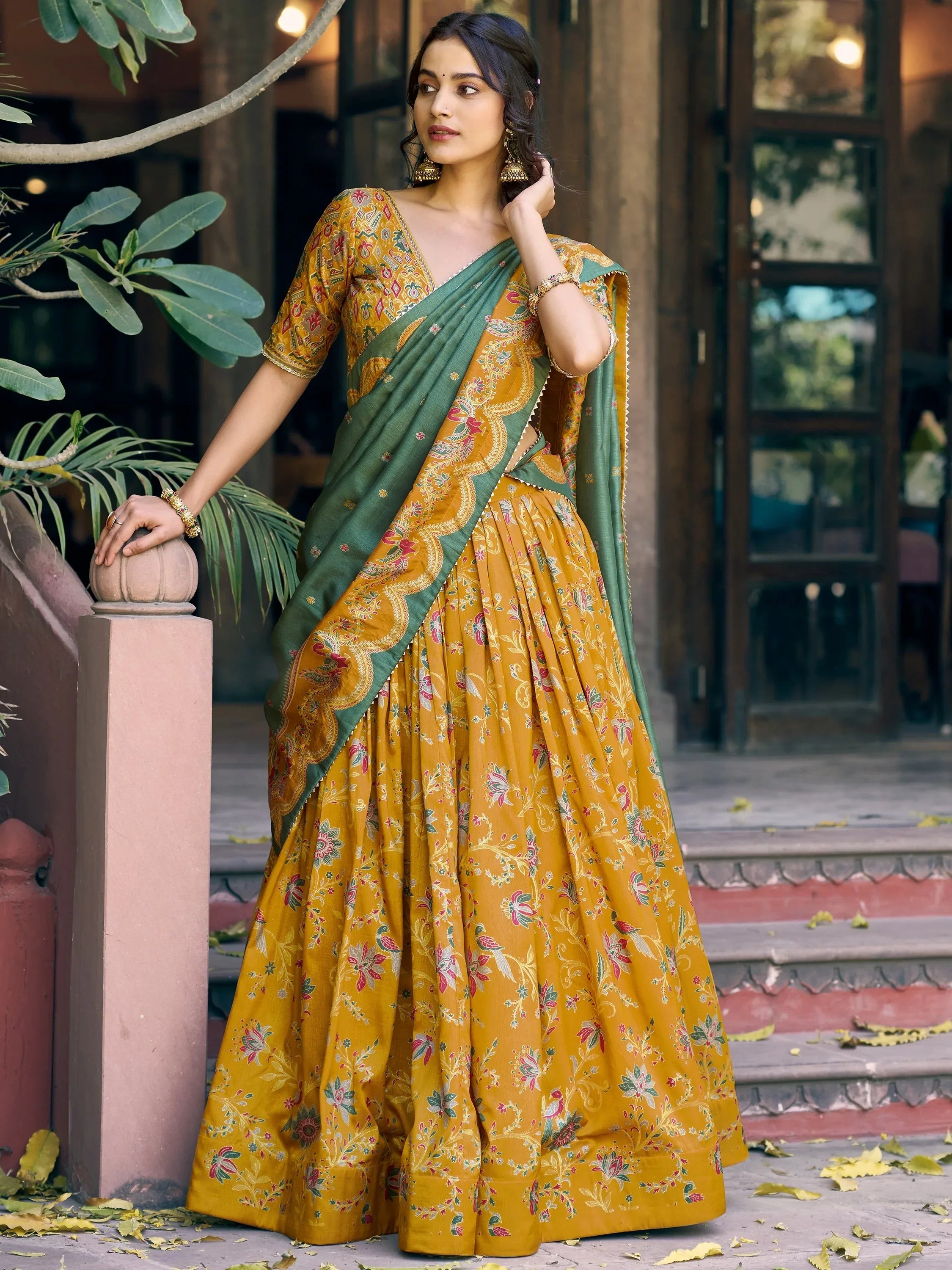 Gorgeous Mustard Yellow Foil Printed Tussar Silk Haldi Wear Lehenga Choli