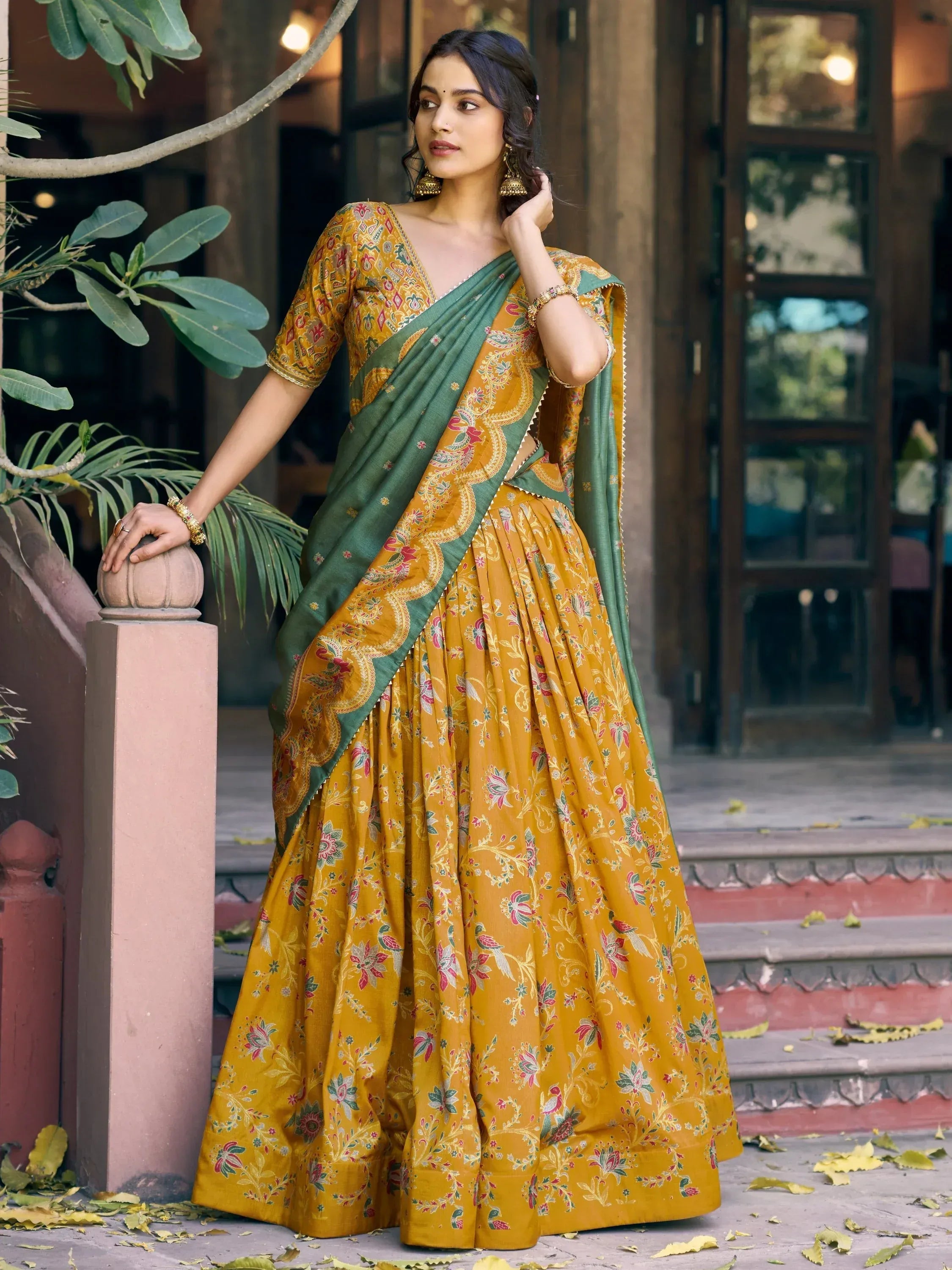 Gorgeous Mustard Yellow Foil Printed Tussar Silk Haldi Wear Lehenga Choli