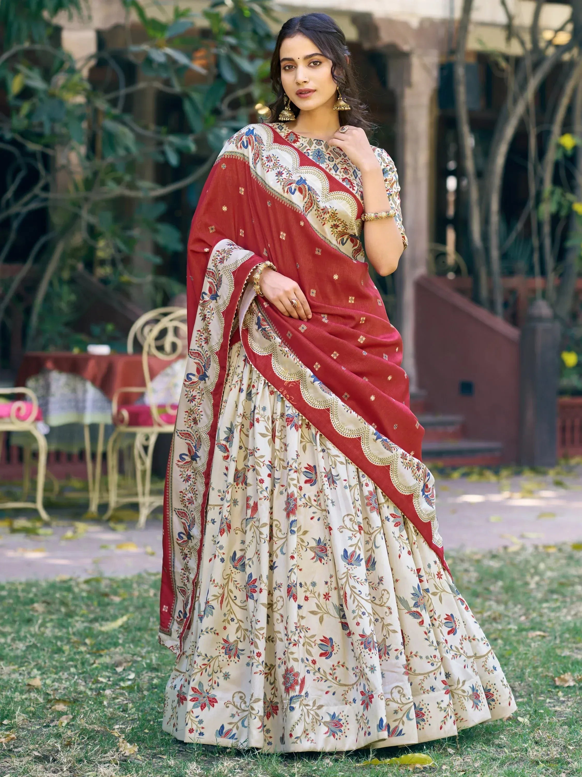 Classic Off White Foil Work Tussar Silk Festive Wear Lehenga Choli With Dupatta