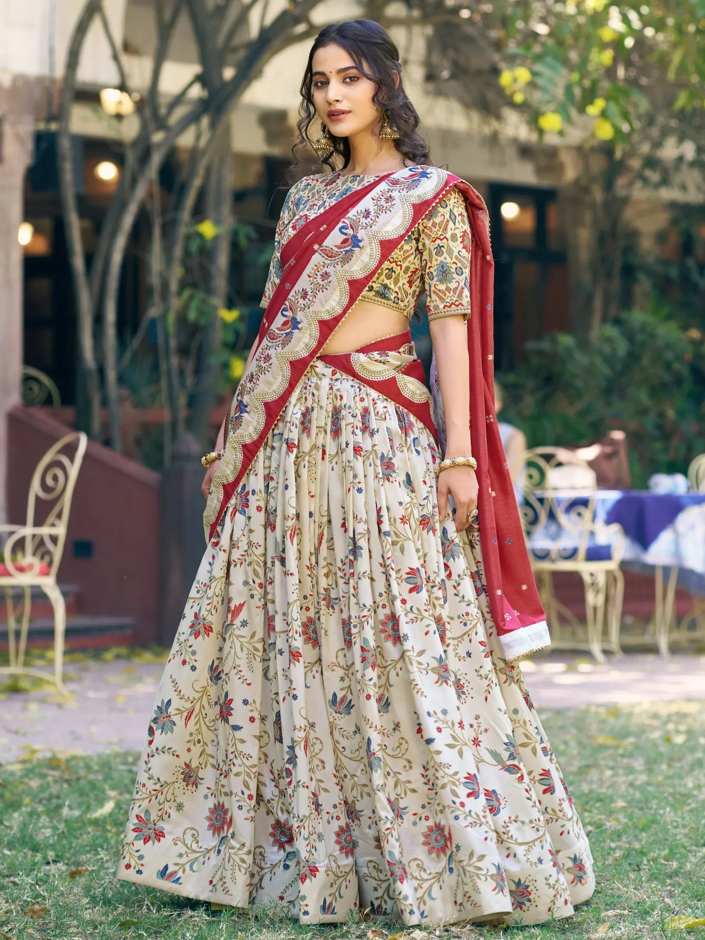 Classic Off White Foil Work Tussar Silk Festive Wear Lehenga Choli With Dupatta
