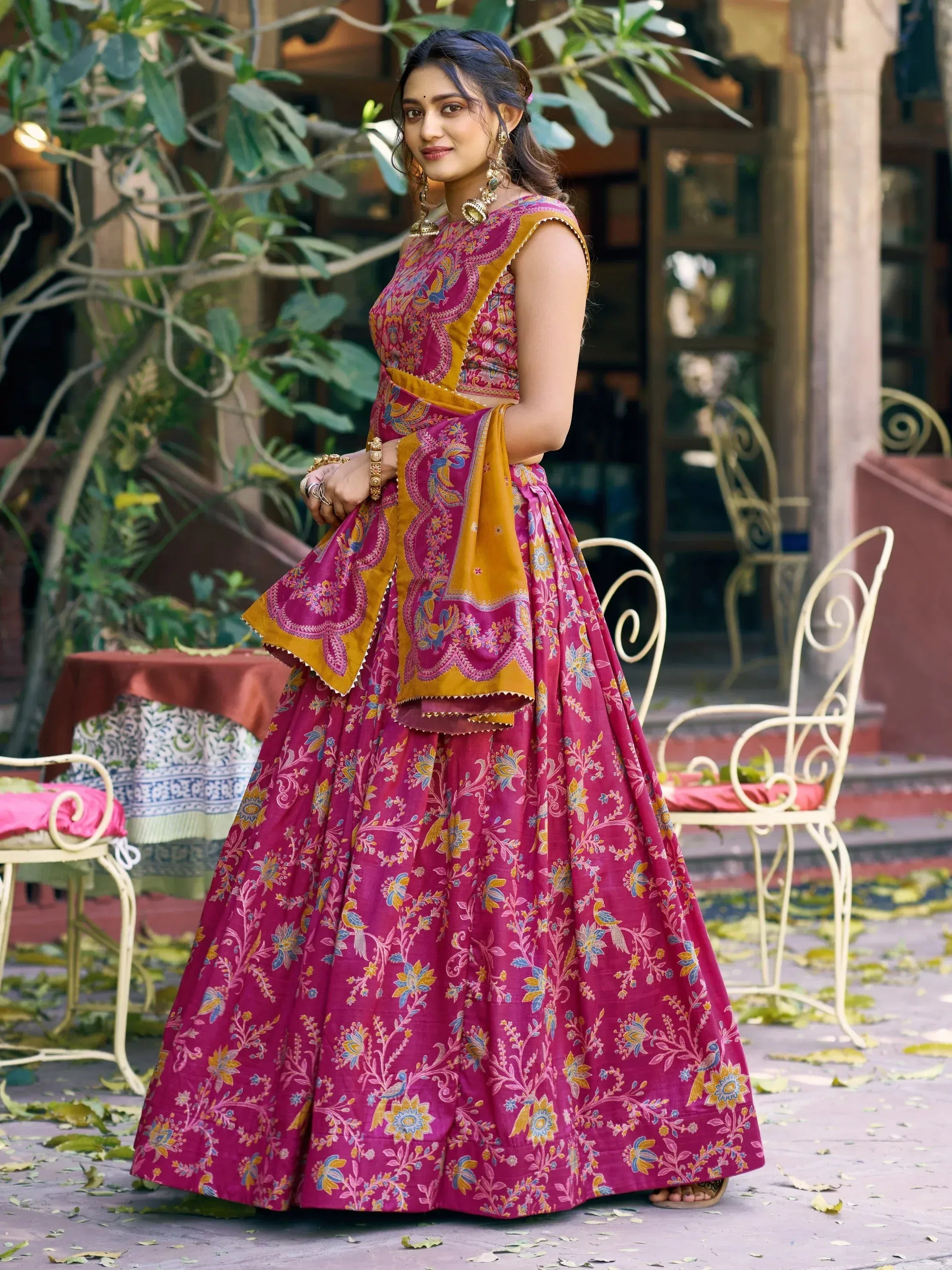 Regal Rani Pink Foil Printed Tussar Silk Wedding Wear Lehenga With Blouse