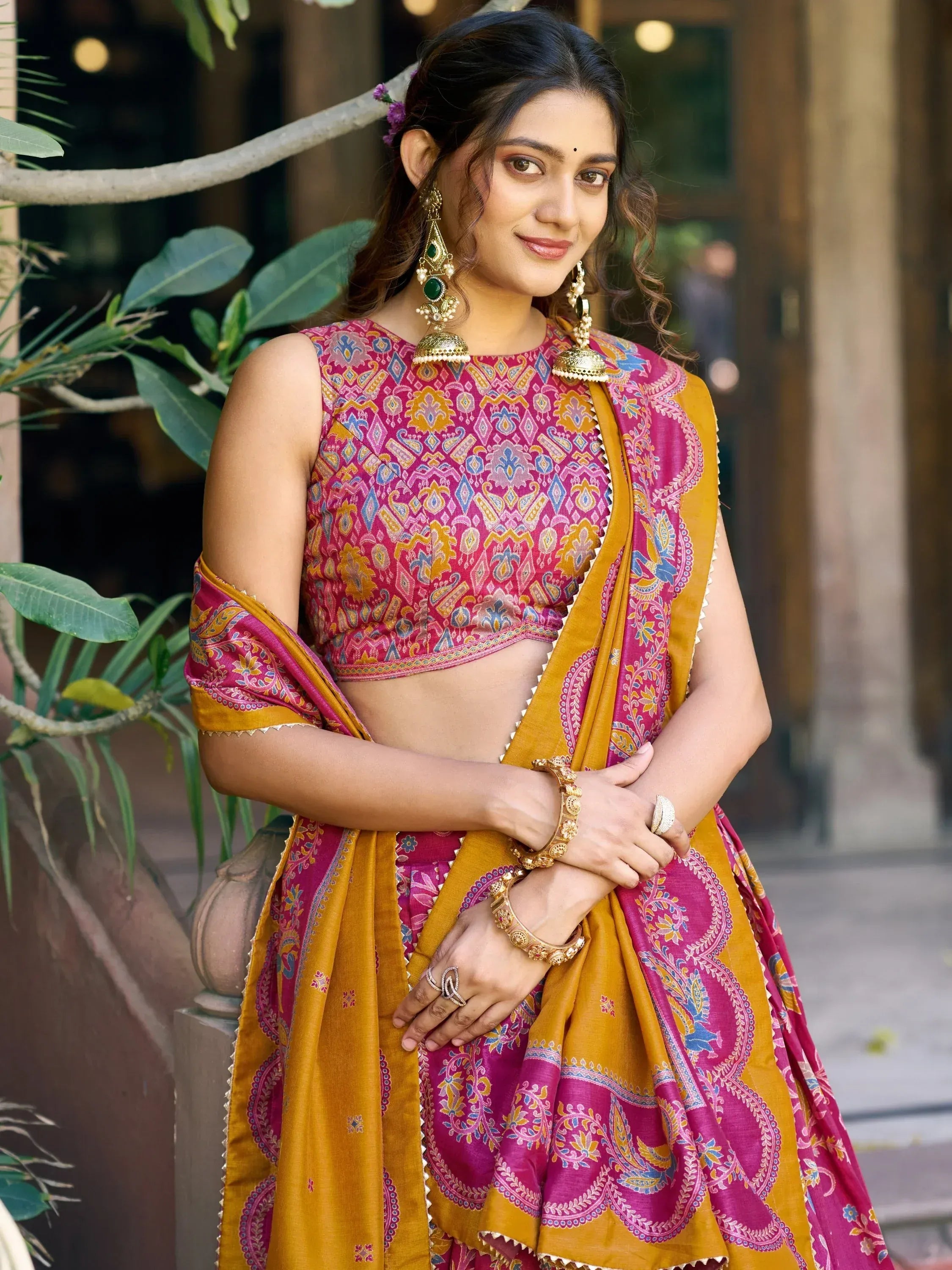 Regal Rani Pink Foil Printed Tussar Silk Wedding Wear Lehenga With Blouse
