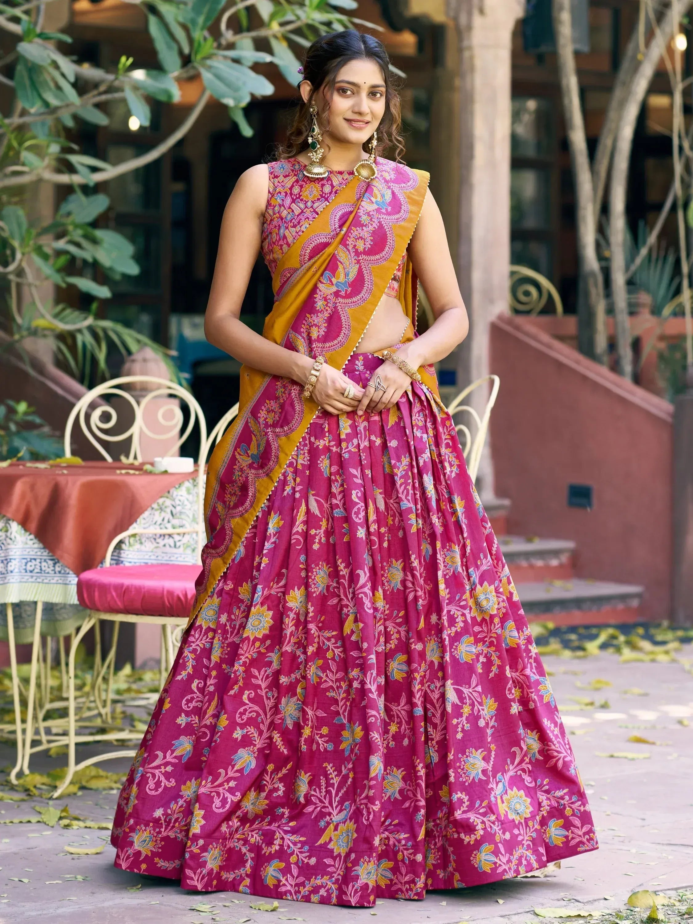 Regal Rani Pink Foil Printed Tussar Silk Wedding Wear Lehenga With Blouse