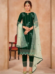 Bottle Green Embroidered Georgette Festive Straight Pant Suit