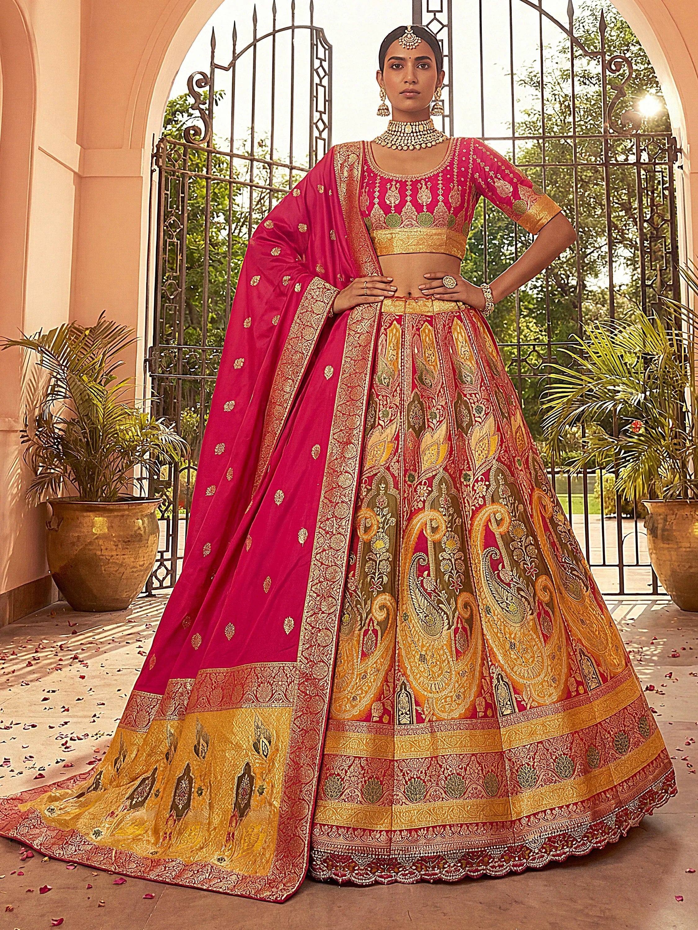 Great Yellow And Pink Zari Weaving Silk Festival Wear Lehenga Choli