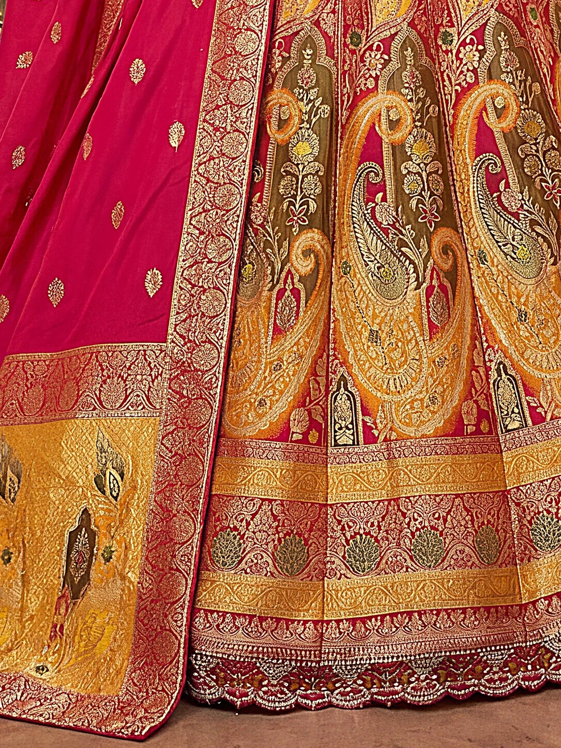 Great Yellow And Pink Zari Weaving Silk Festival Wear Lehenga Choli