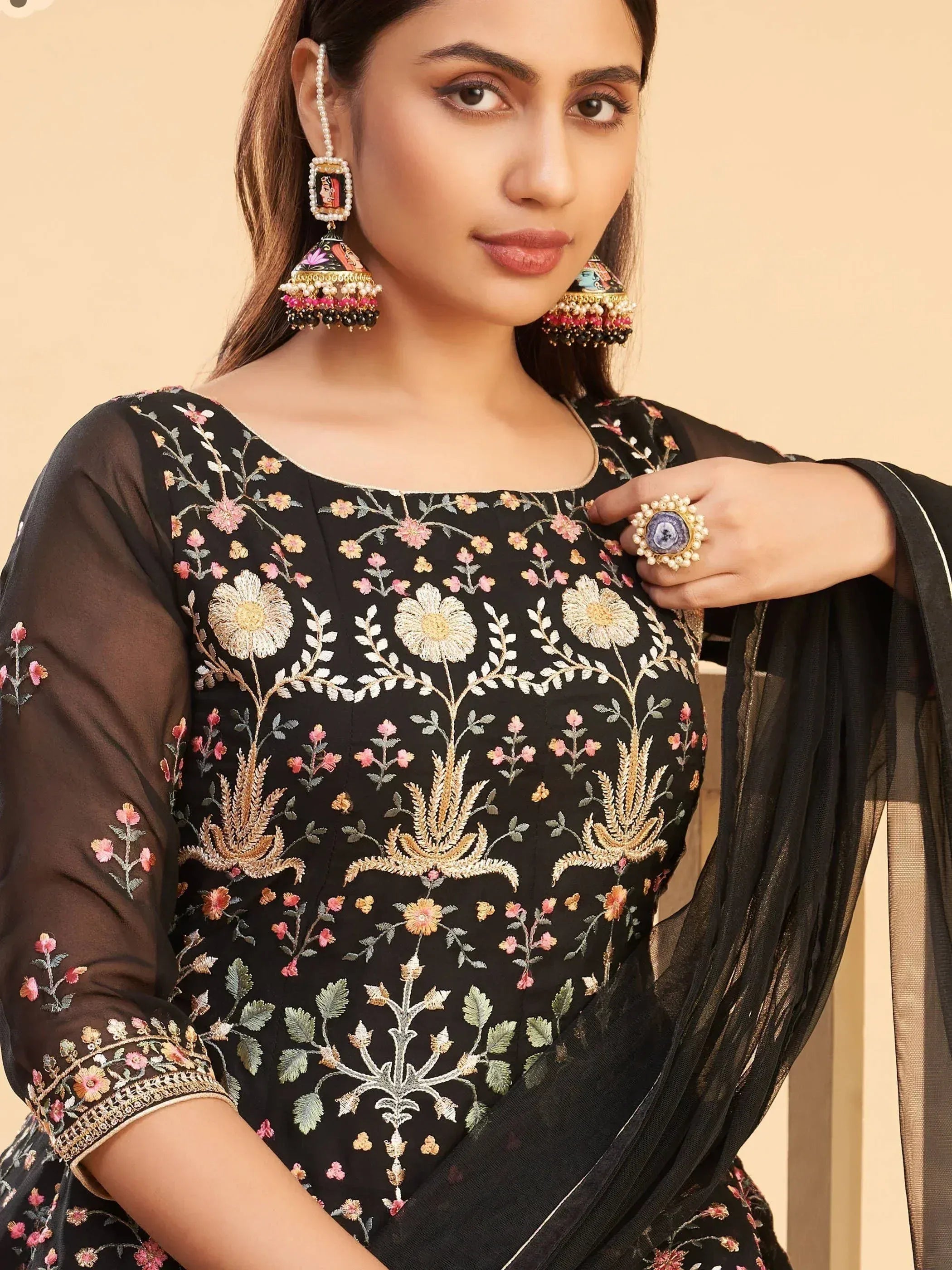 Black floral embroidered ethnic gown with matching dupatta and statement jewelry