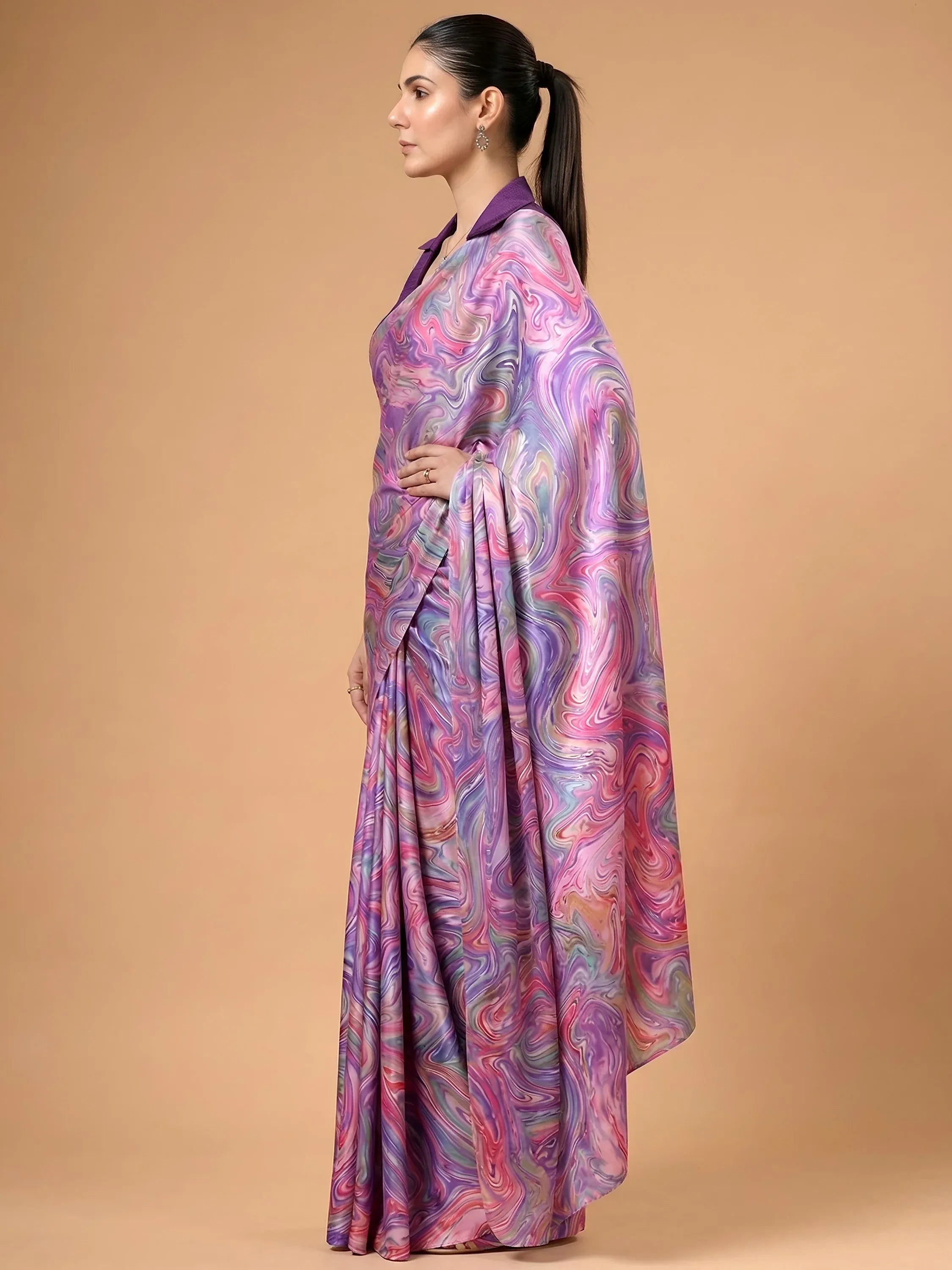 Charming Lavender Digital Printed Satin Festive Wear Saree With Blouse