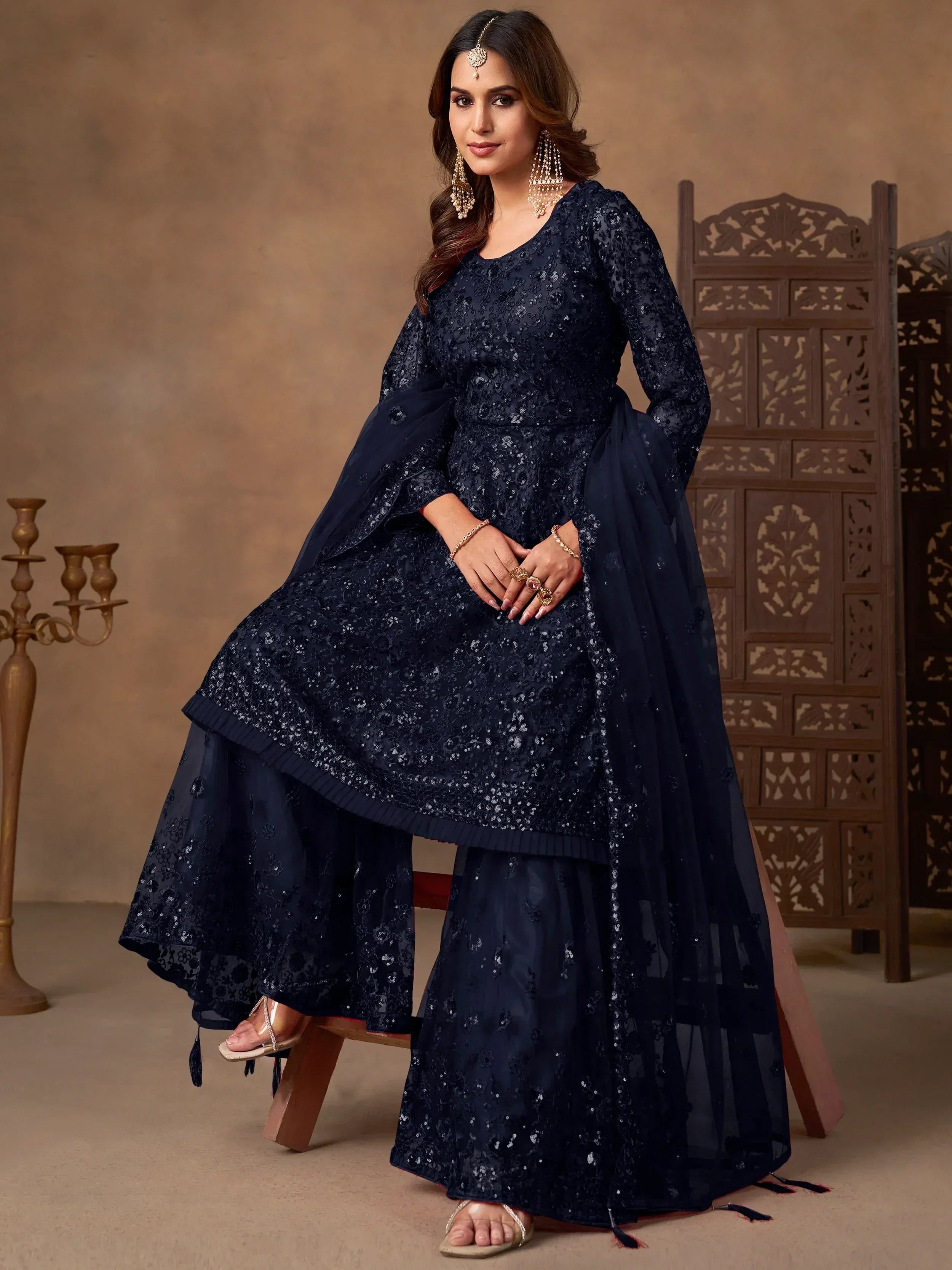 Beautiful Navy Blue Embroidered Net Wedding Wear Sharara Suit