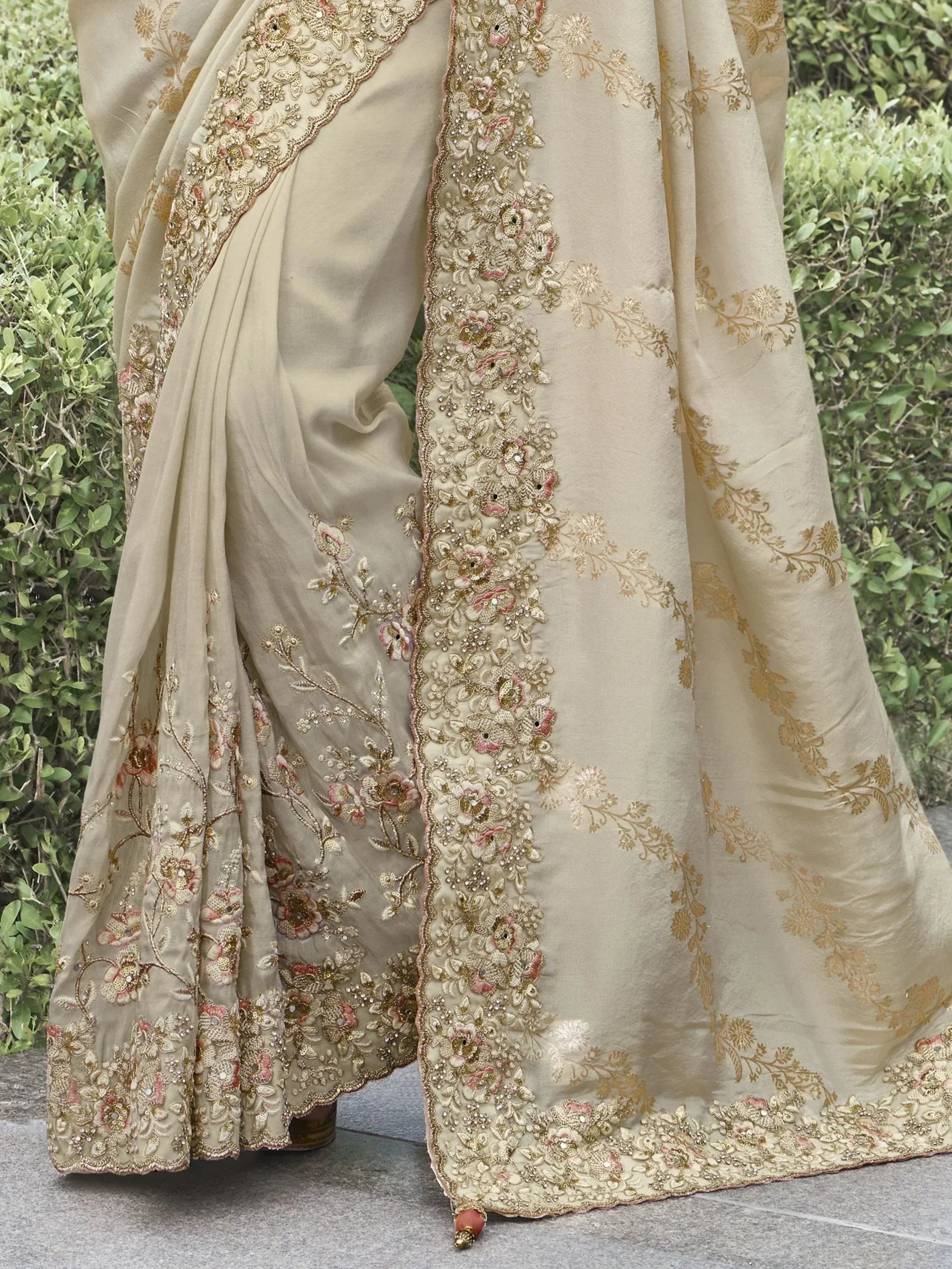 Gorgeous Beige Heavy Border Work Organza Silk Reception Wear Saree