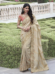 Gorgeous Beige Heavy Border Work Organza Silk Reception Wear Saree