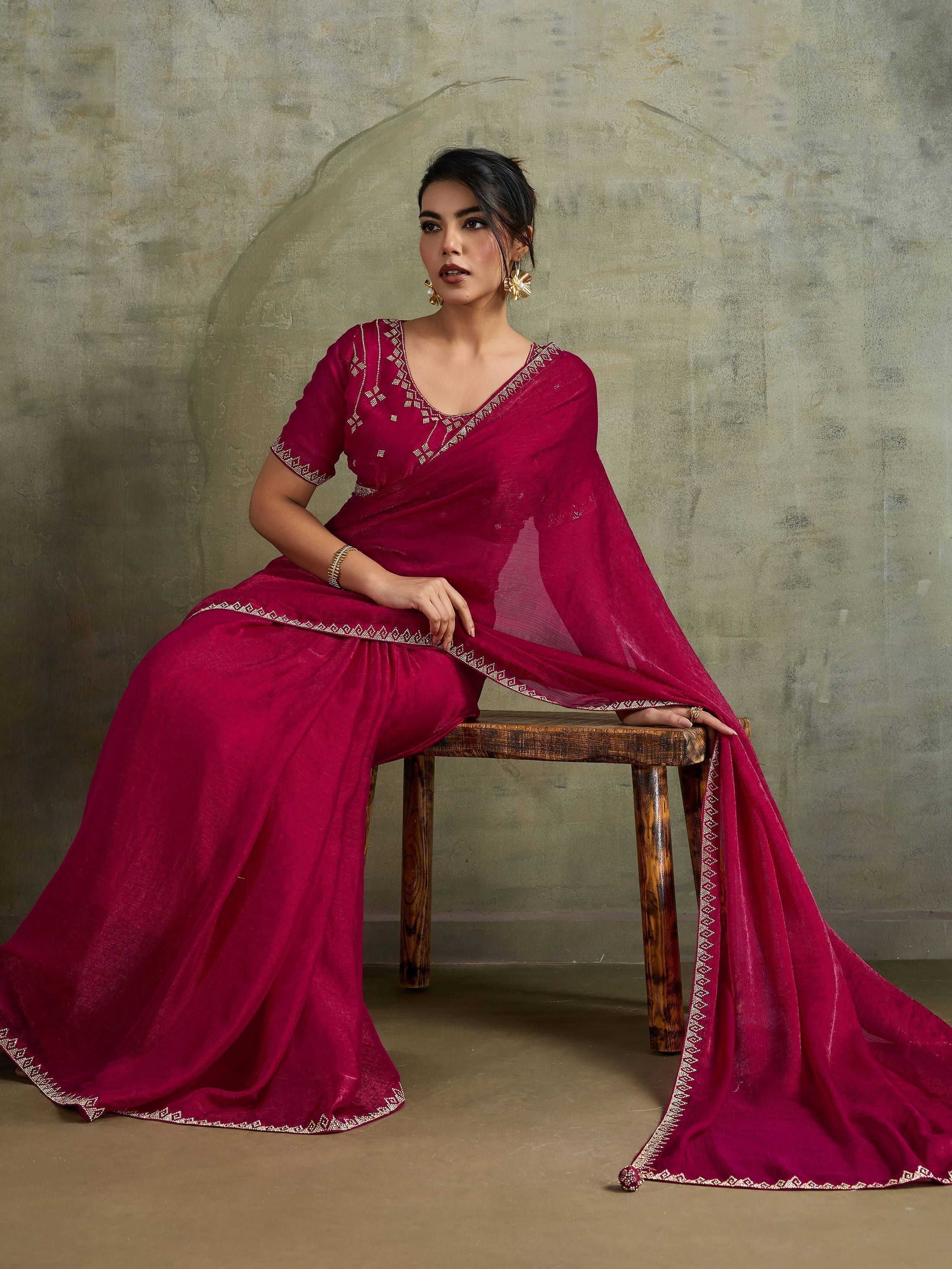 Gorgeous Pink Chiffon Party Wear Saree With Diamond Work Blouse