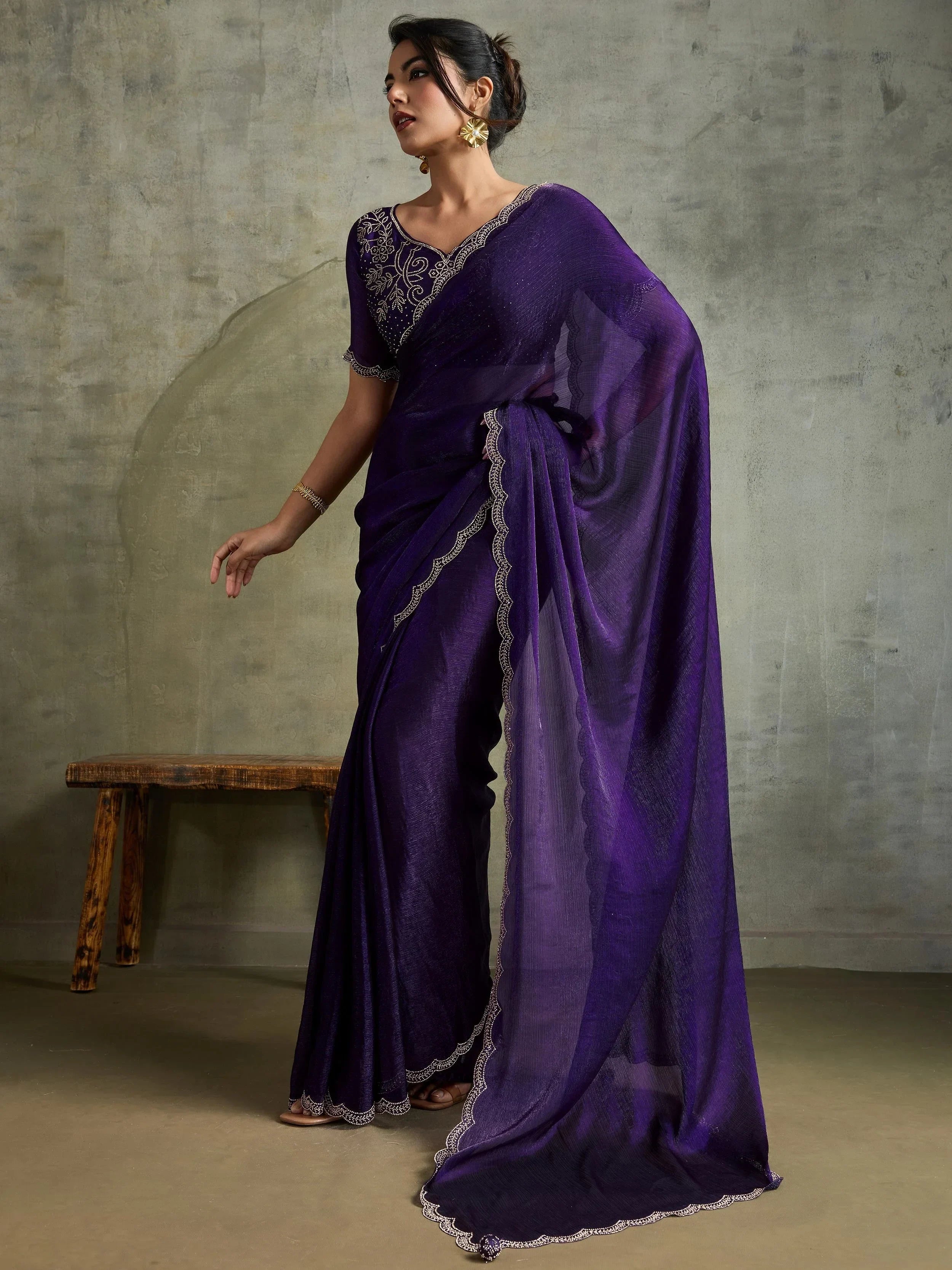 Elegant Purple Chiffon Festive Wear Saree With Diamond Work Blouse