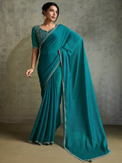 Captivating Green Chiffon Festive Wear Saree With Diamond Work Blouse
