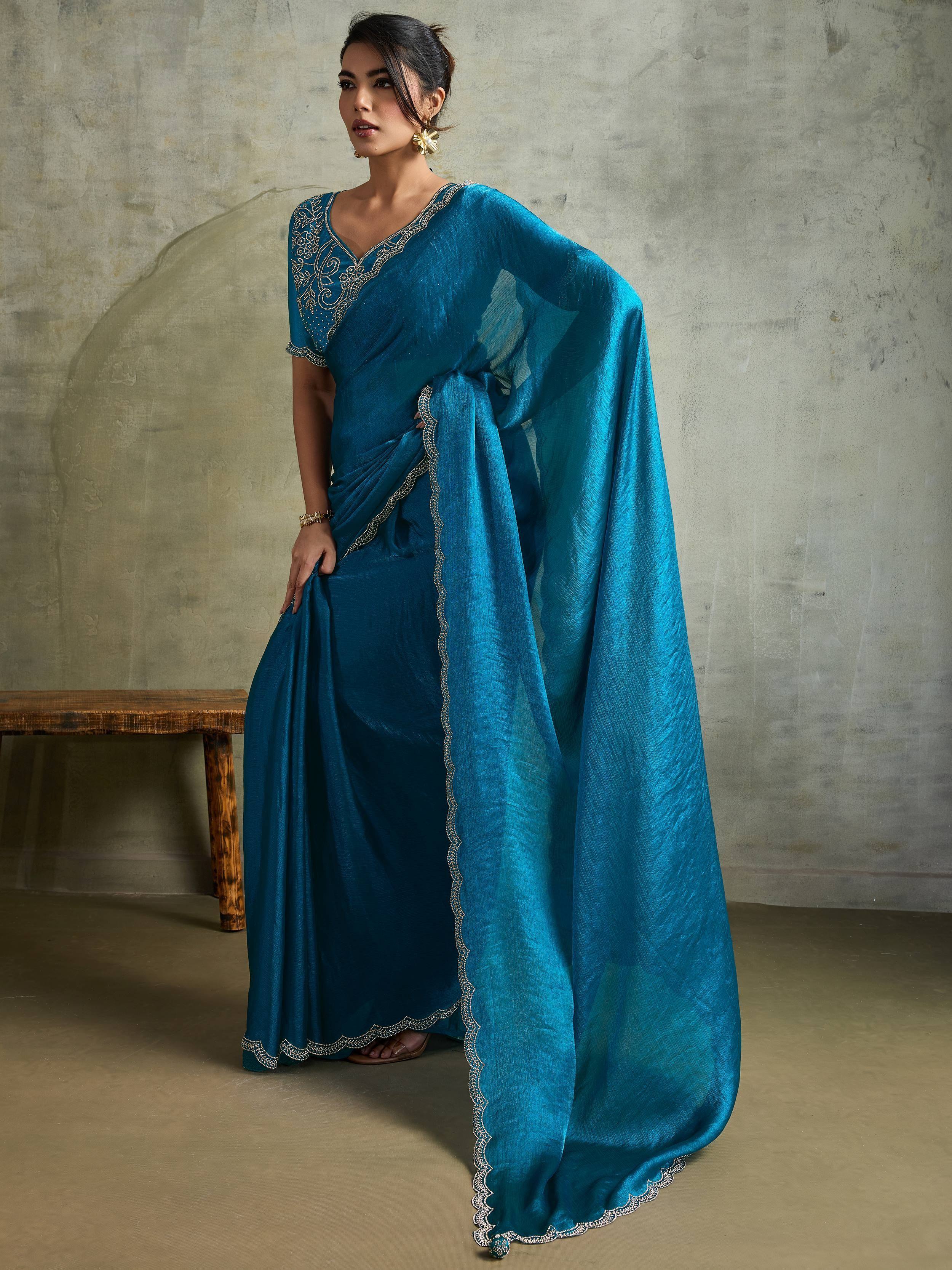 Fabulous Blue Chiffon Festive Wear Saree With Diamond Work Blouse