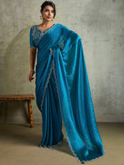 Fabulous Blue Chiffon Festive Wear Saree With Diamond Work Blouse