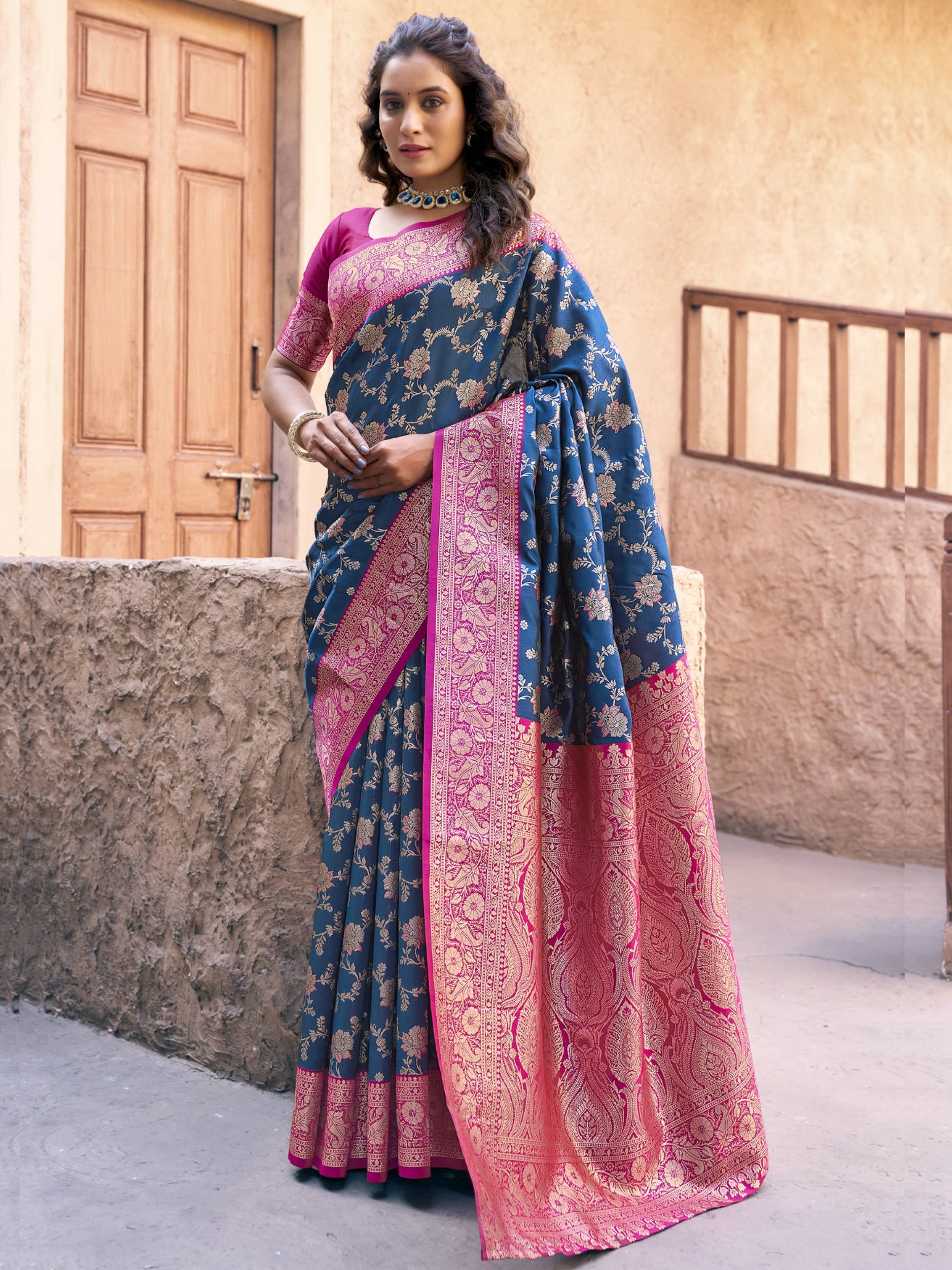 Blue and pink floral saree with gold embroidery, perfect for Indian ethnic wear occasions