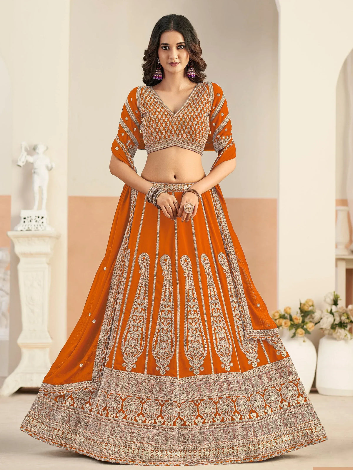 Splendid Orange Dori Embroidery Georgette Festive Wear Lehenga Choli