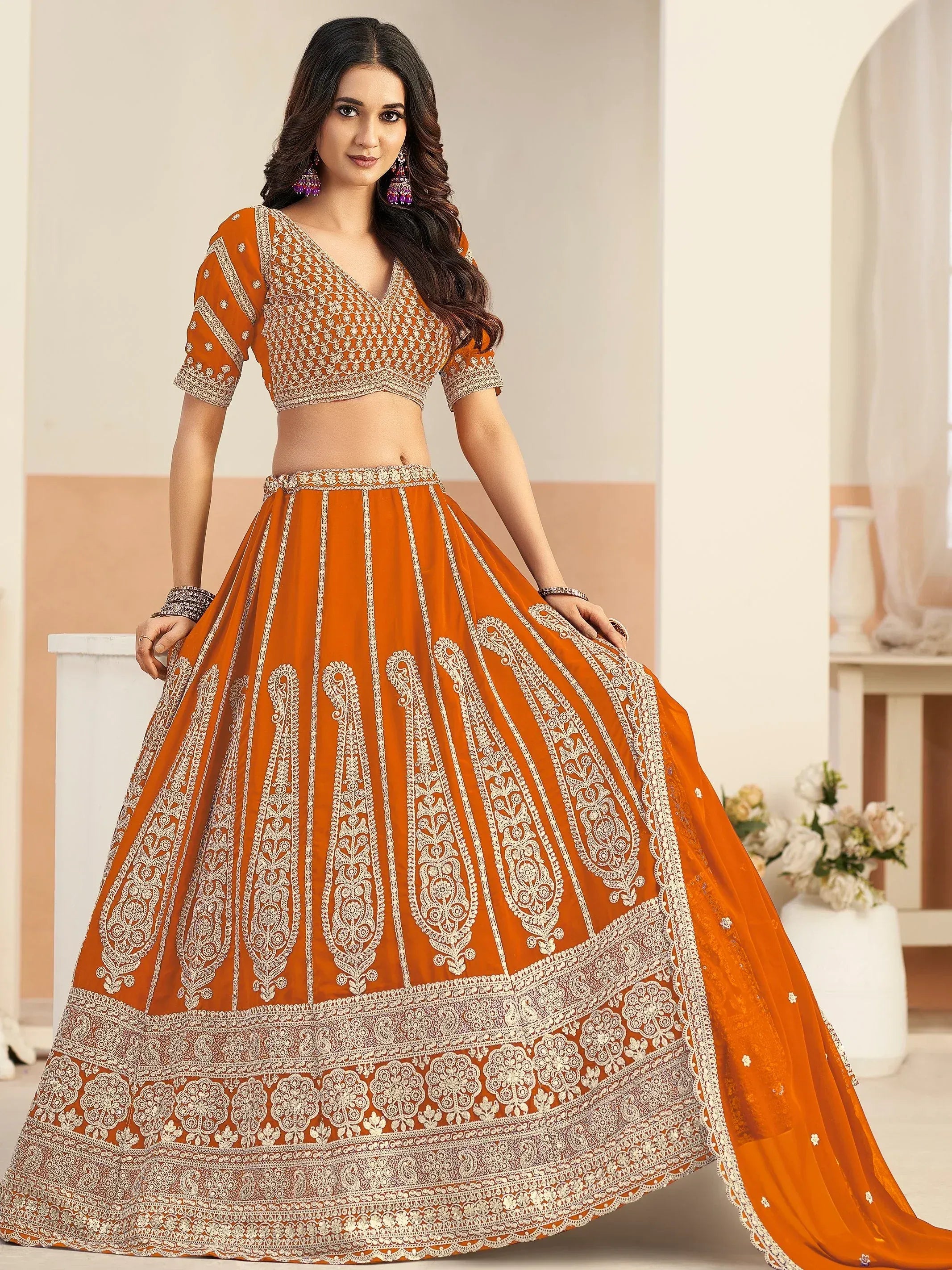 Splendid Orange Dori Embroidery Georgette Festive Wear Lehenga Choli