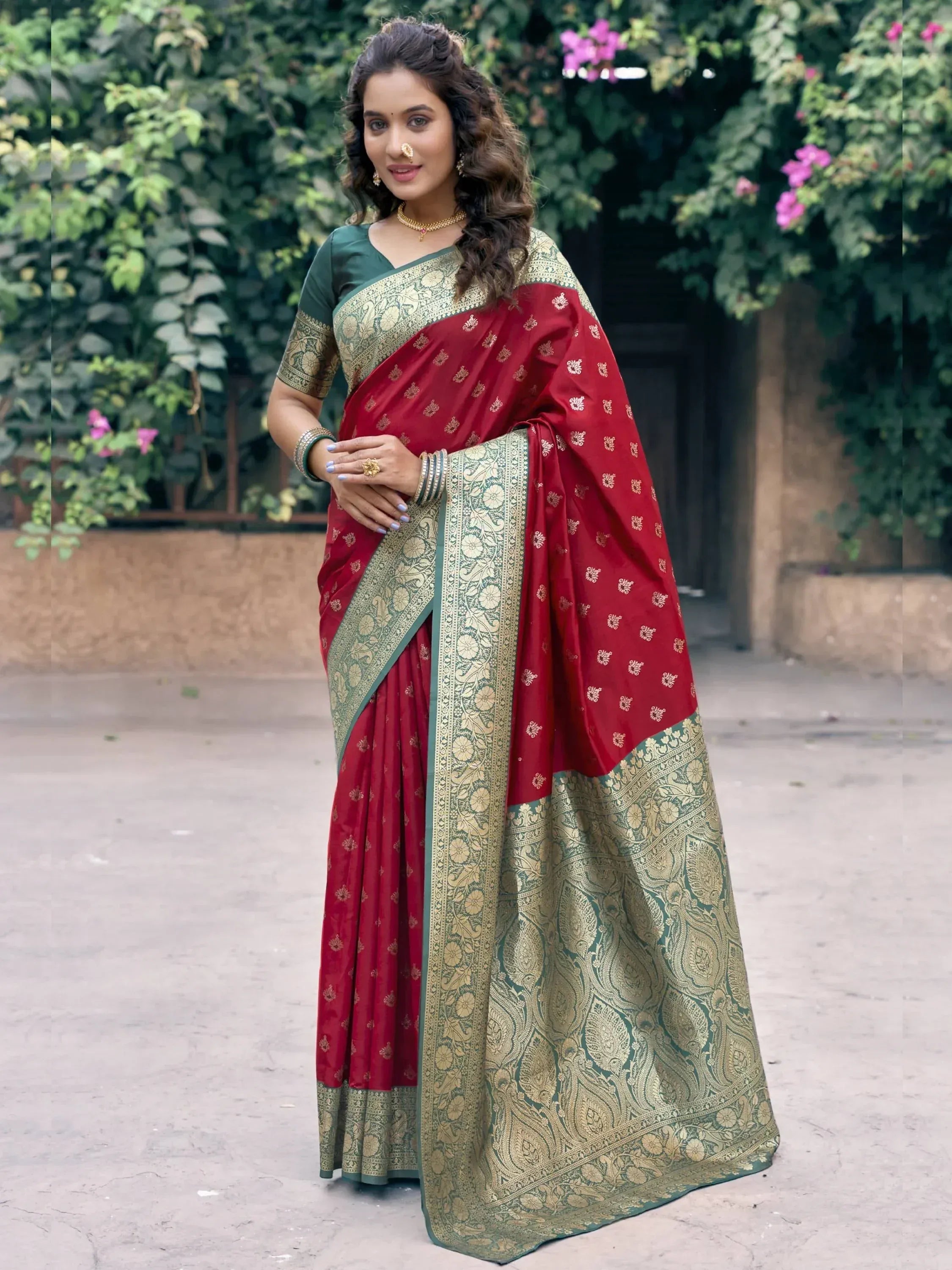 Red and green designer saree with gold floral embroidery, perfect for Indian ethnic occasions