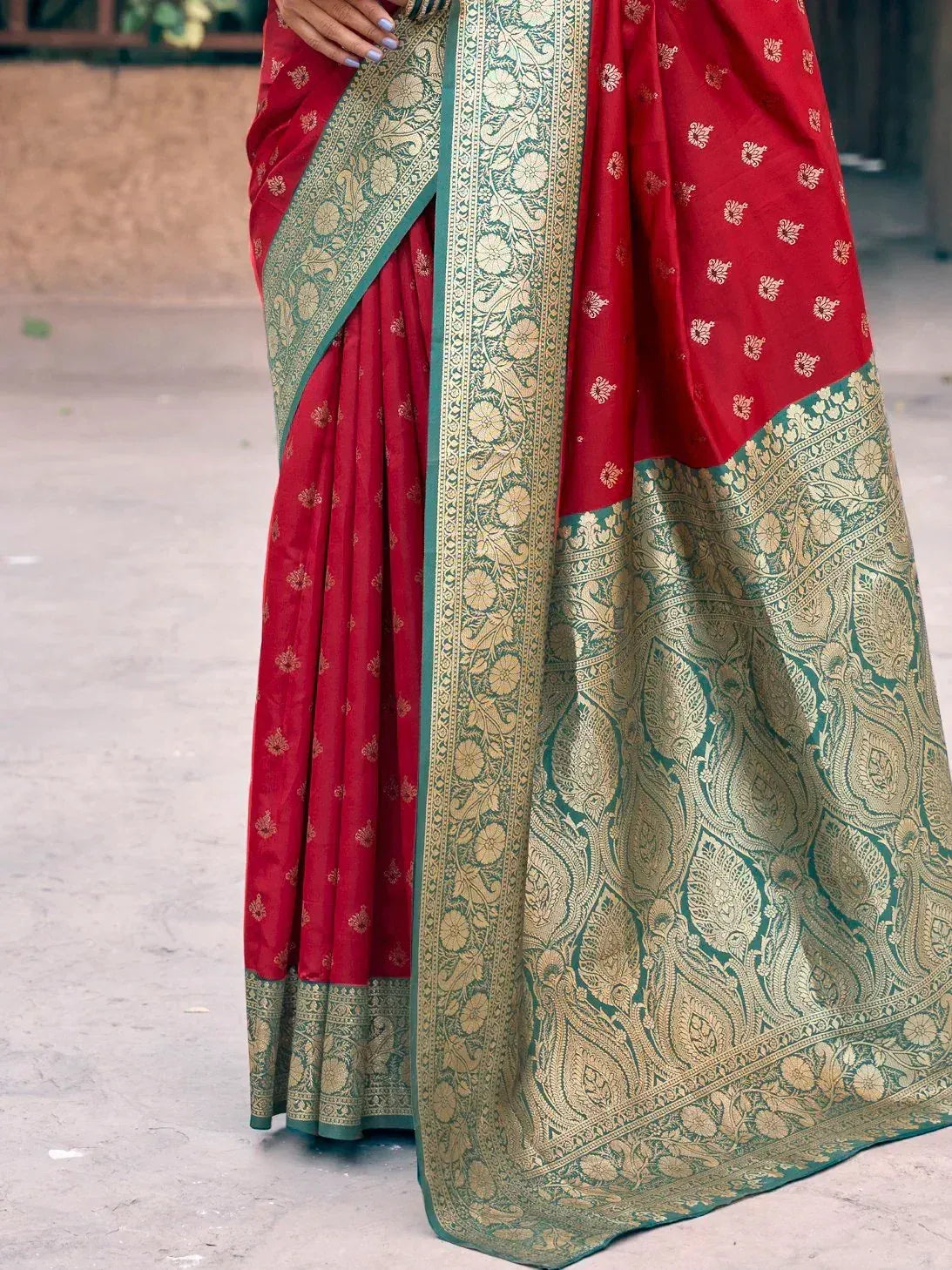 Red and green designer saree with gold floral and paisley border, ethnic wear for women