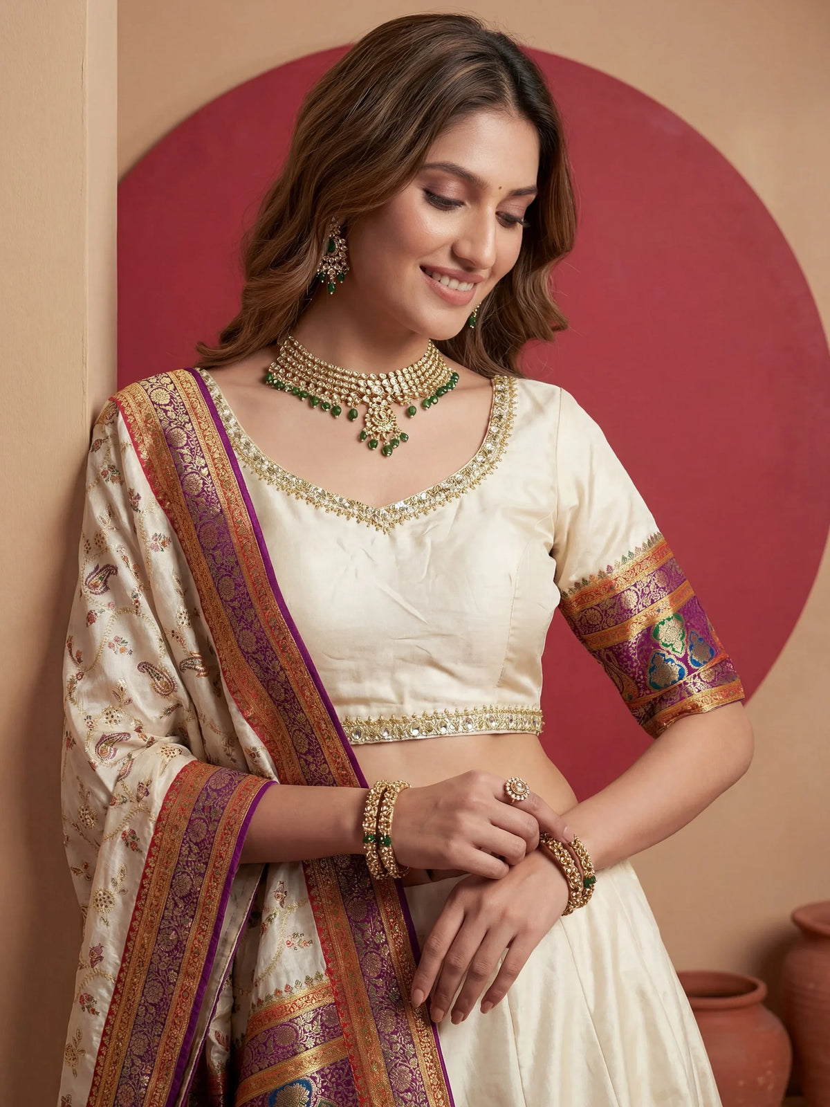 Aesthetics Off-White Zari Weaving Viscose Silk Traditional Lehenga Choli