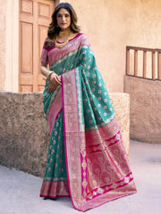 Tantalizing Teal Green Zari Weaving Silk Party Wear Saree With Blouse