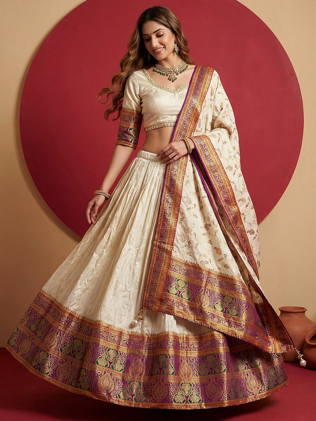 Aesthetics Off-White Zari Weaving Viscose Silk Traditional Lehenga Choli