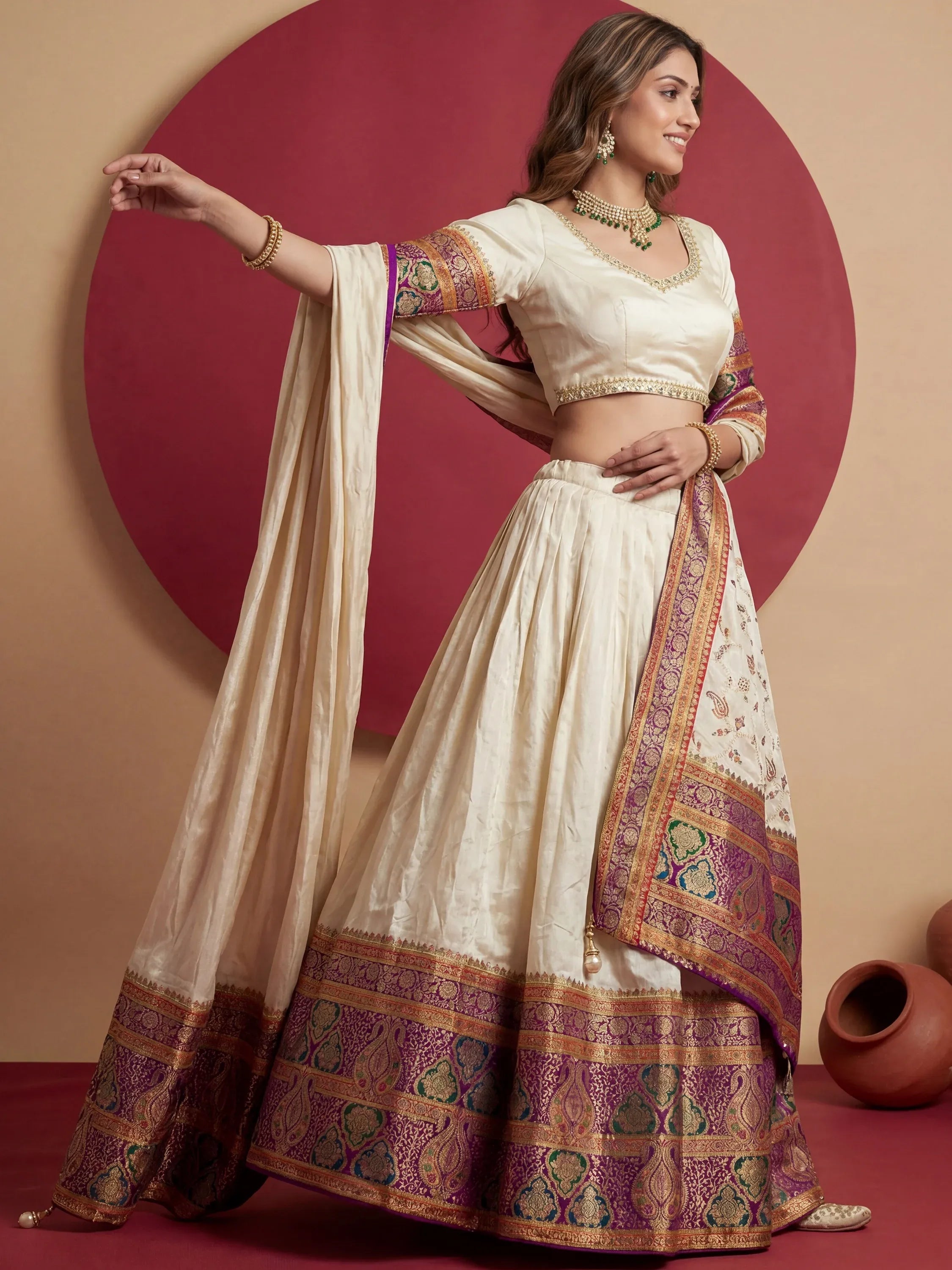 Aesthetics Off-White Zari Weaving Viscose Silk Traditional Lehenga Choli