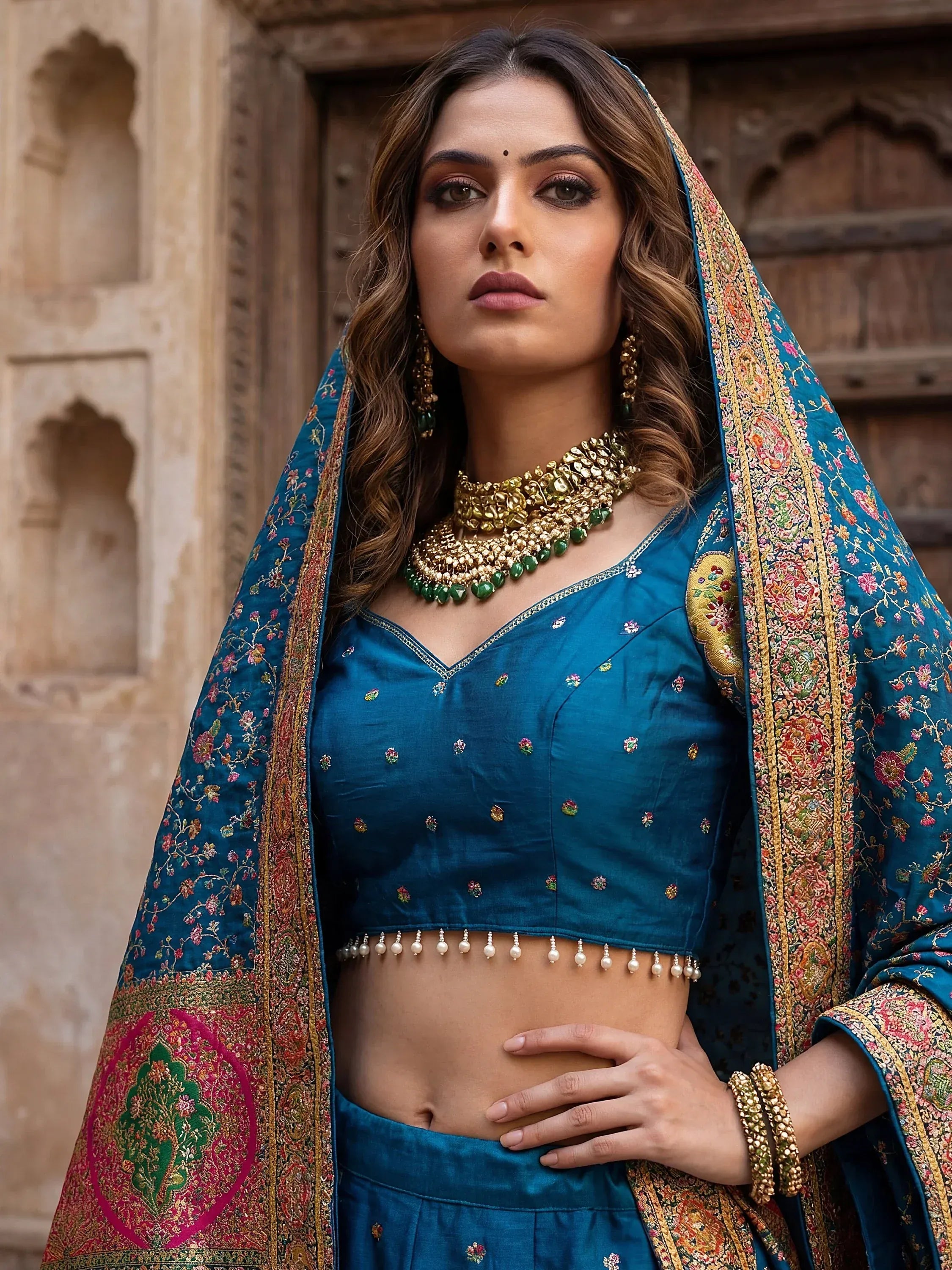 Fabulous Teal Blue Zari Weaving Silk Reception Wear Lehenga Choli