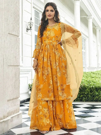 Marvelous Yellow Embroidered Georgette Function Wear Sharara Suit