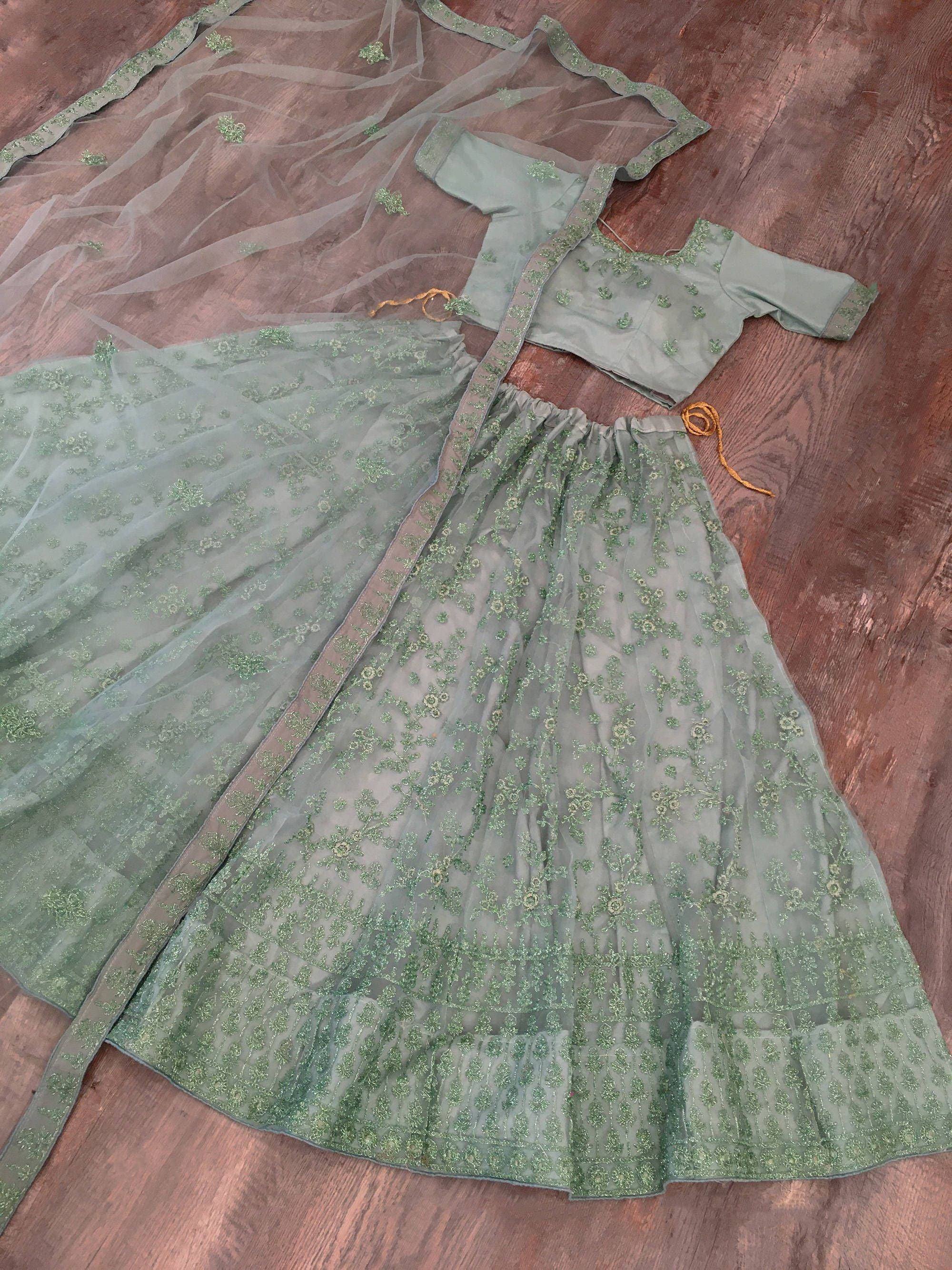 Mint green embroidered lehenga choli with sheer dupatta, Indian ethnic wear for women