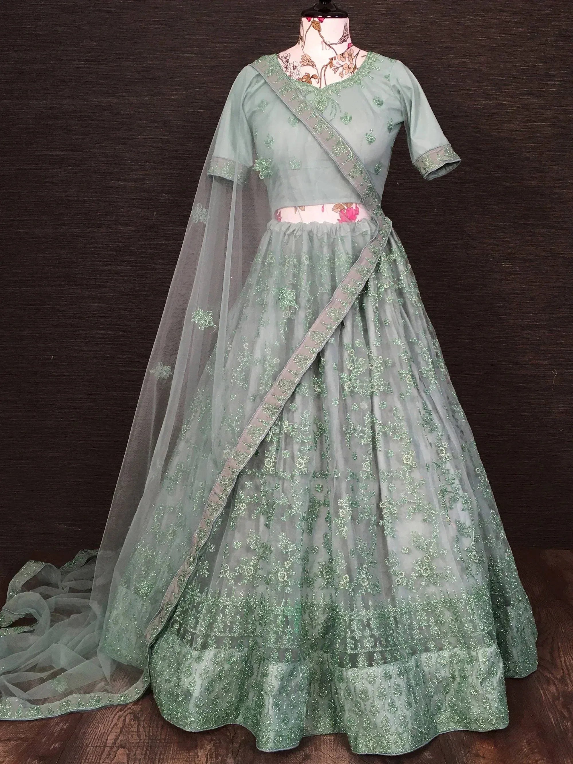 Mint green embroidered lehenga choli with sheer dupatta, Indian ethnic wear for weddings and parties