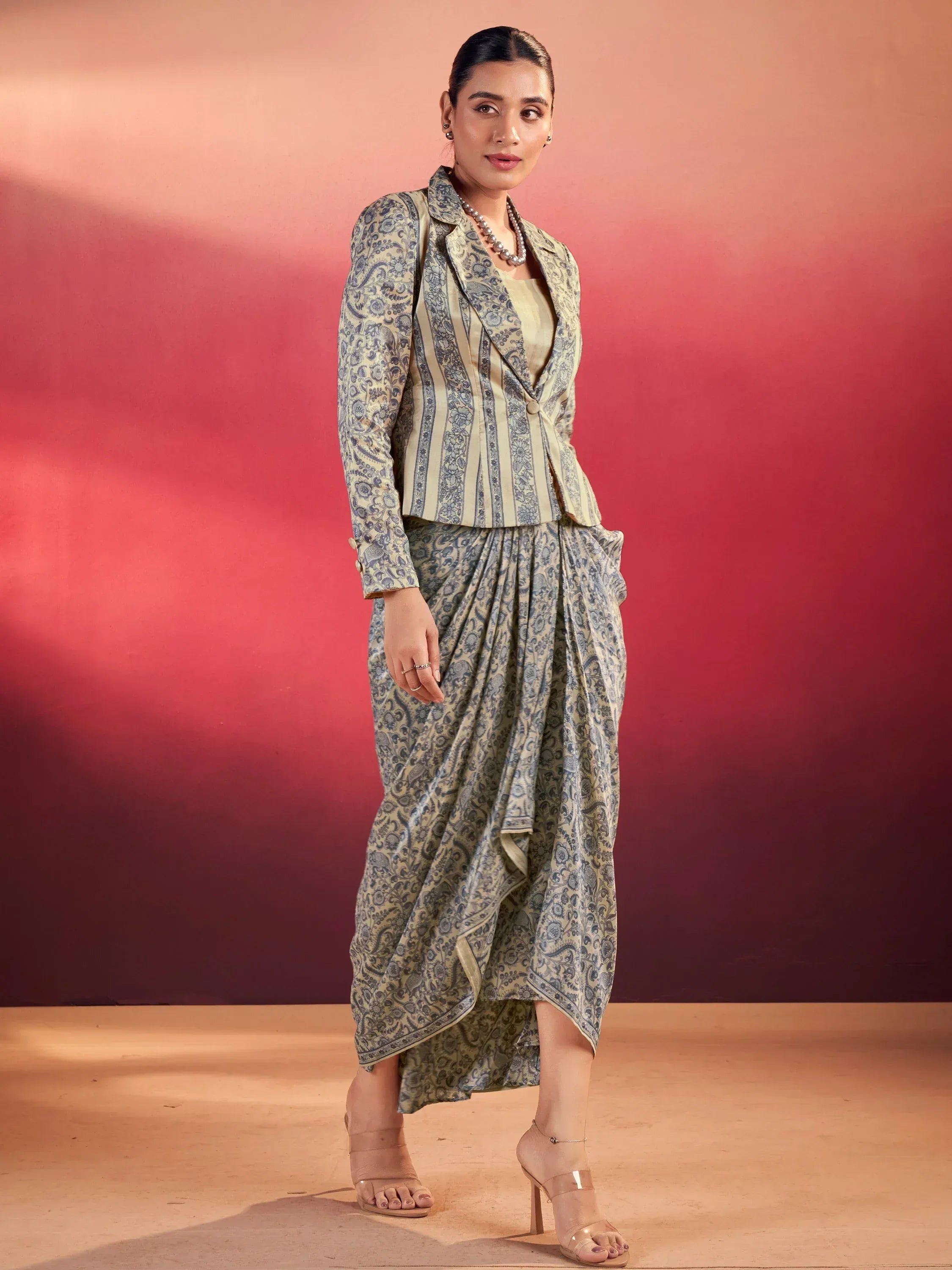 Gorgeous Blue Event Wear Crop Top With Drape Lehenga And Jacket