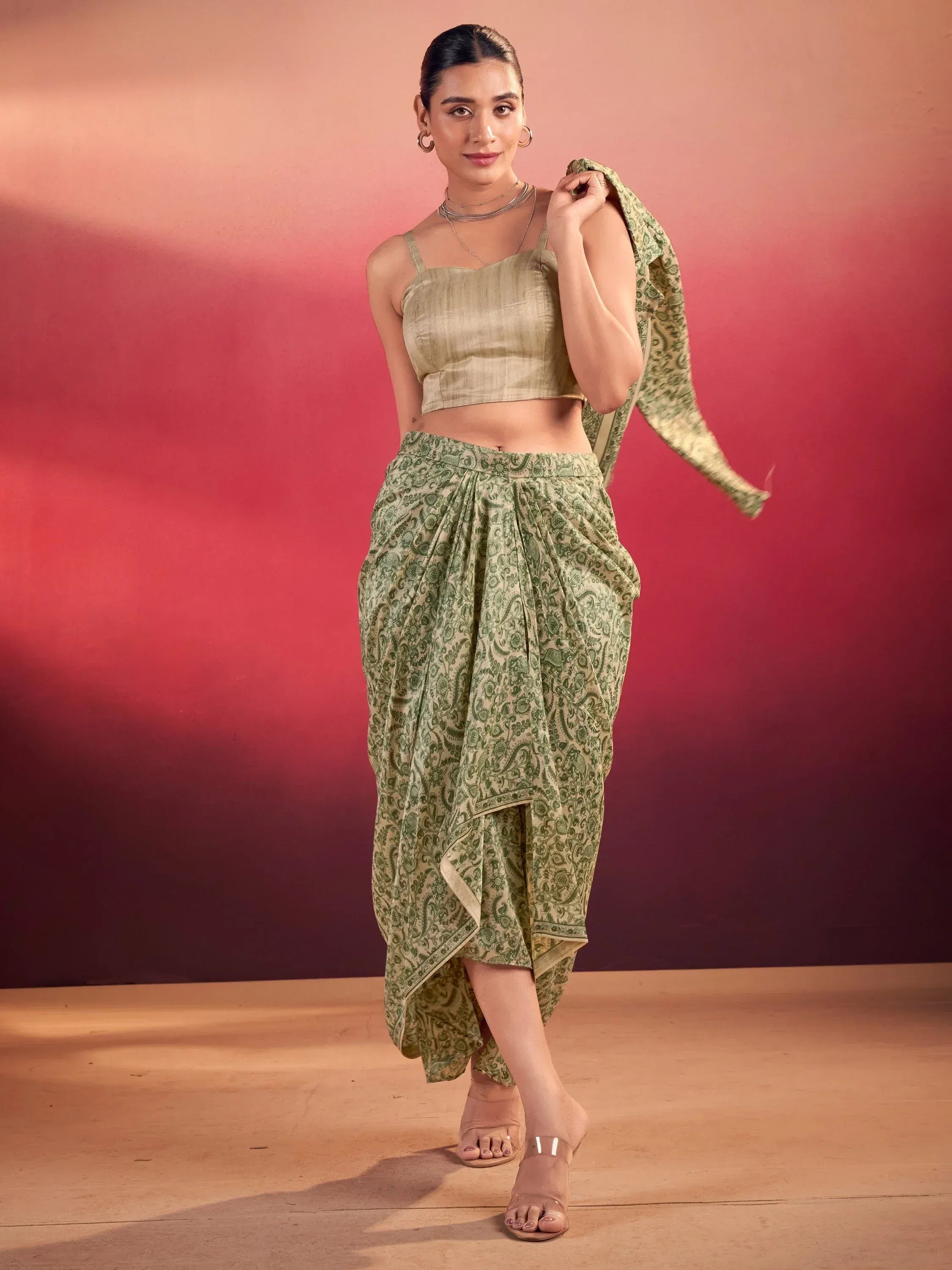 Charming Green Mehendi Wear Crop Top With Draped Lehenga And Jacket