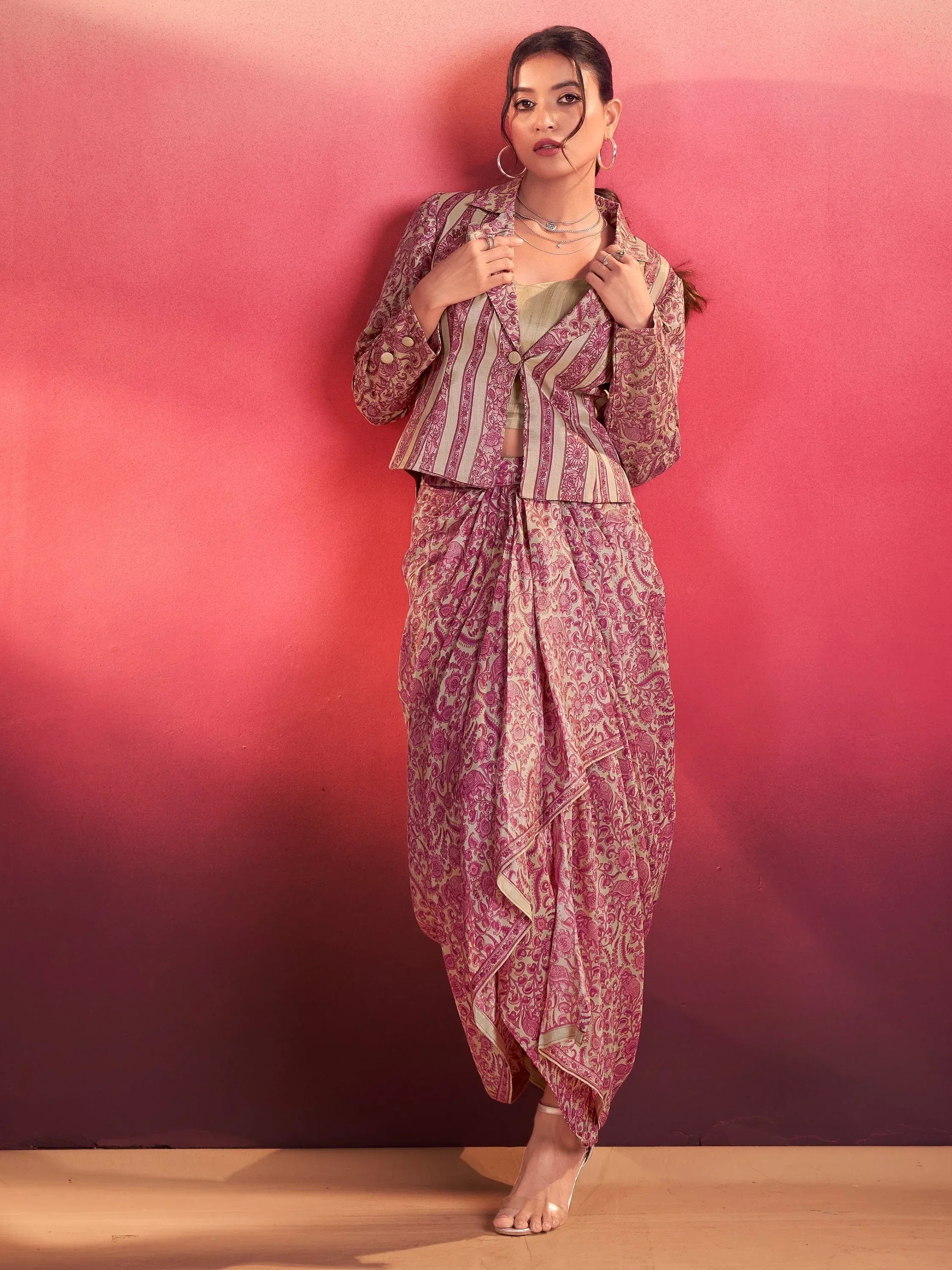 Lovely Rani Pink Wedding Wear Crop Top With Drape Lehenga And Jacket