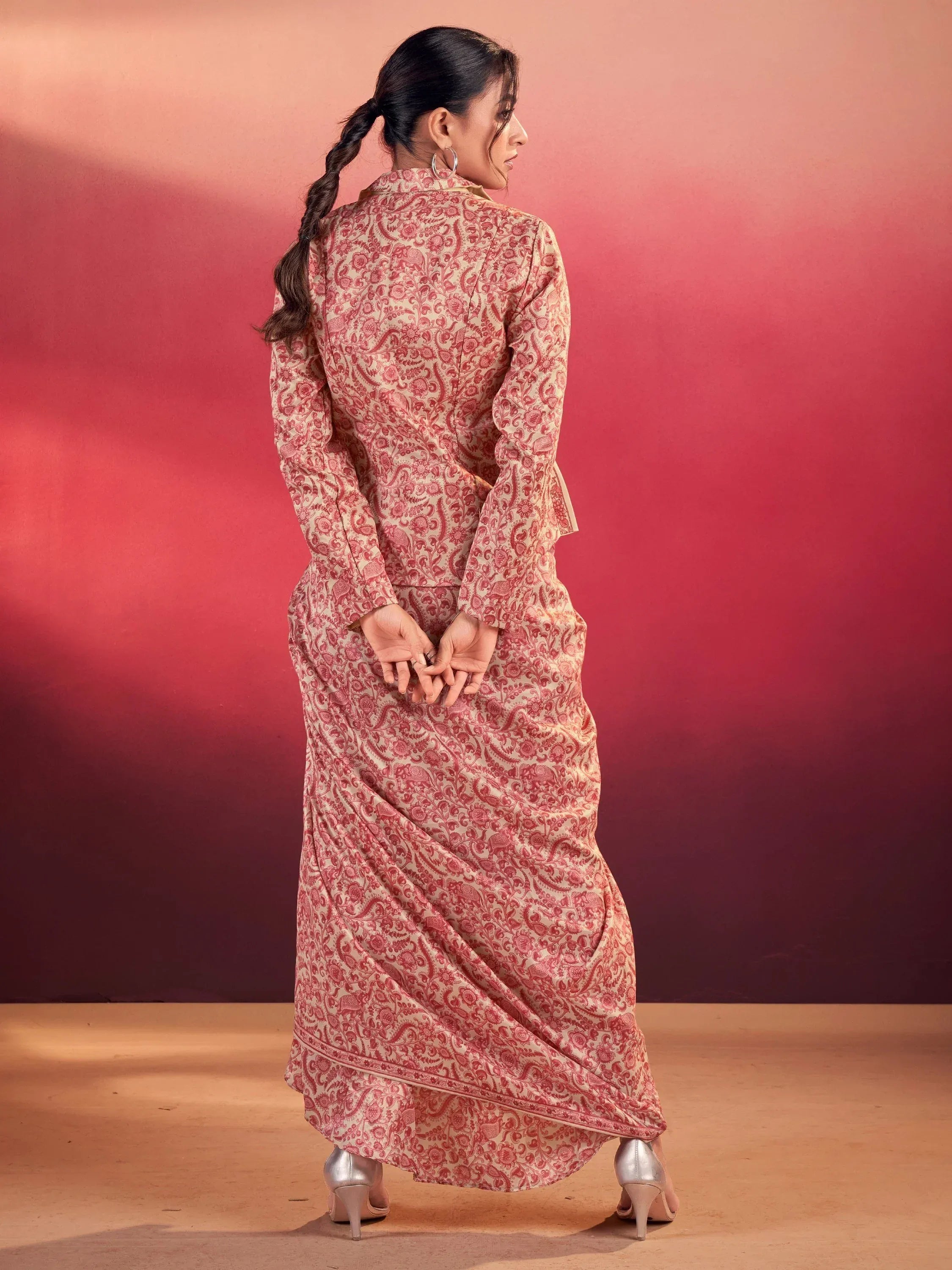 Chic Pink Silk Party Wear Crop Top With Drape Lehenga And Jacket