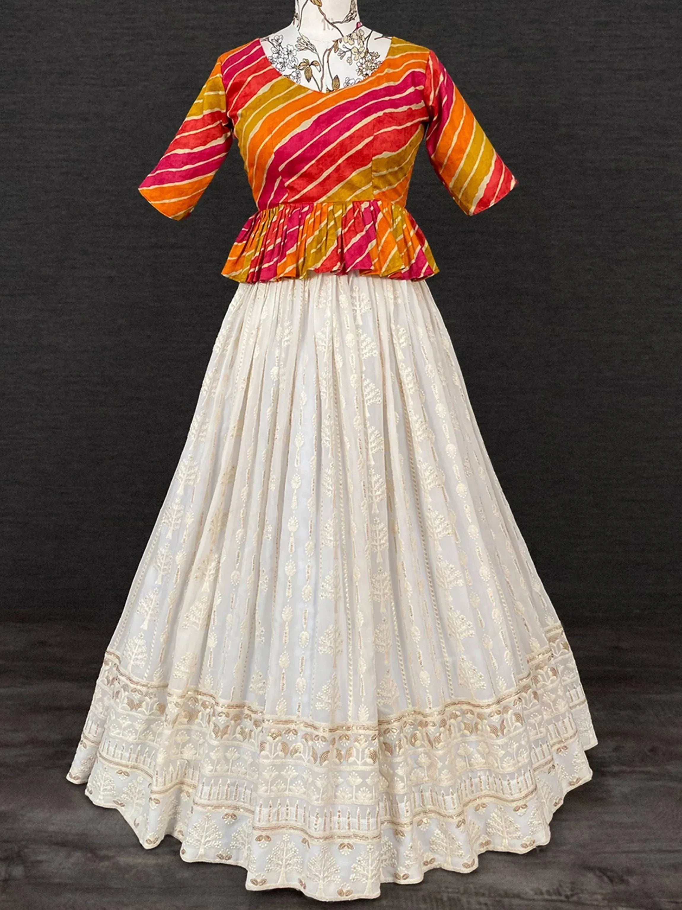 Colorful striped peplum top with white embroidered lehenga, Indian ethnic wear
