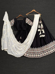 Stunning Black Thread Embroidered Cotton Festival Wear Lehenga Choli